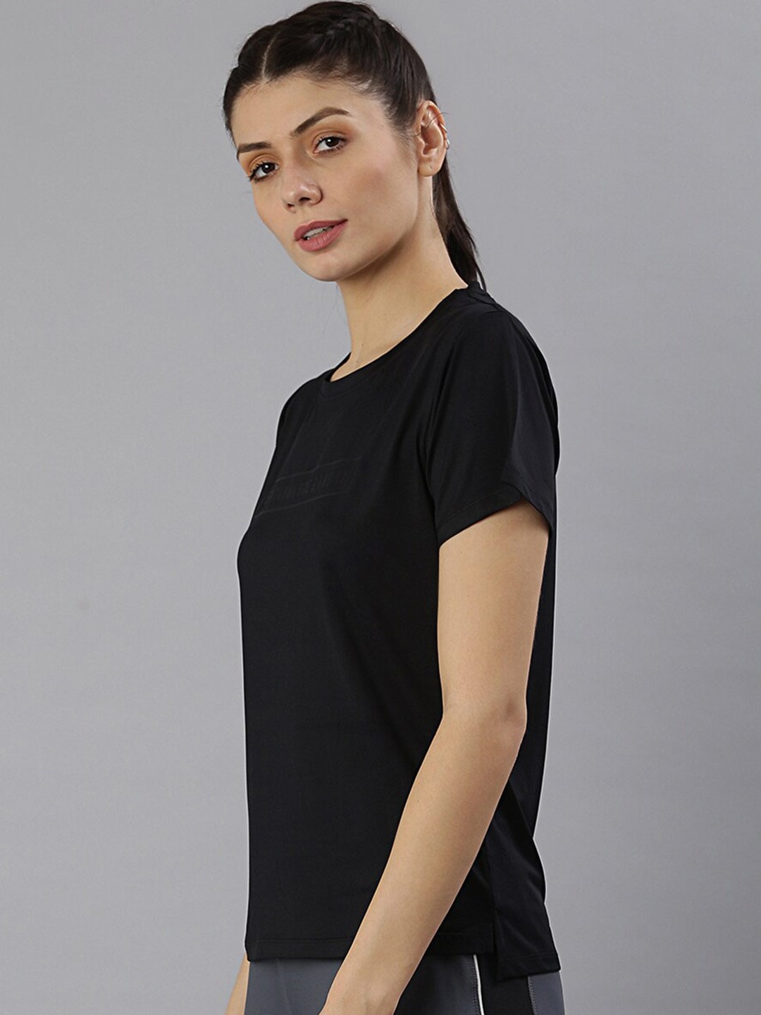 MKH Women Black Typography Dri-FIT Polyester Round Neck Sports T-shirt 