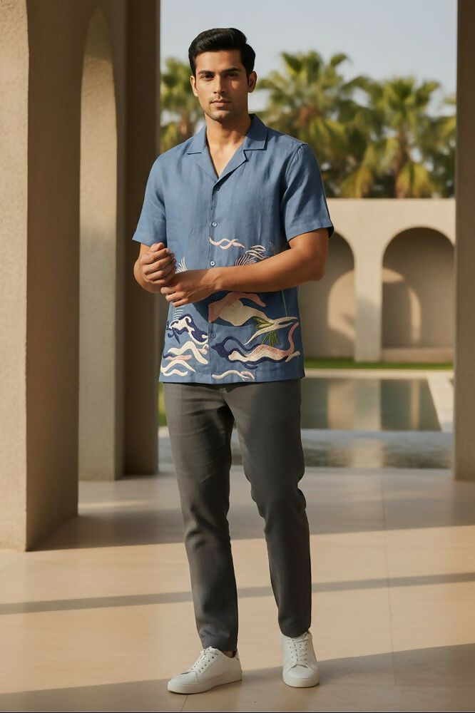 Mirage — Deep Blue Embroidered Linen Shirt by Hilo Design