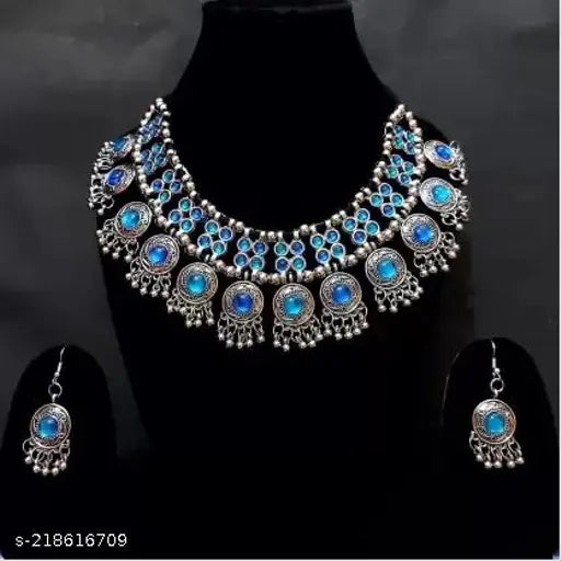 Tehzeeb Creations Women's Silver Colour Oxidised Necklace Set With Meenakari Work Tehzeeb Creations