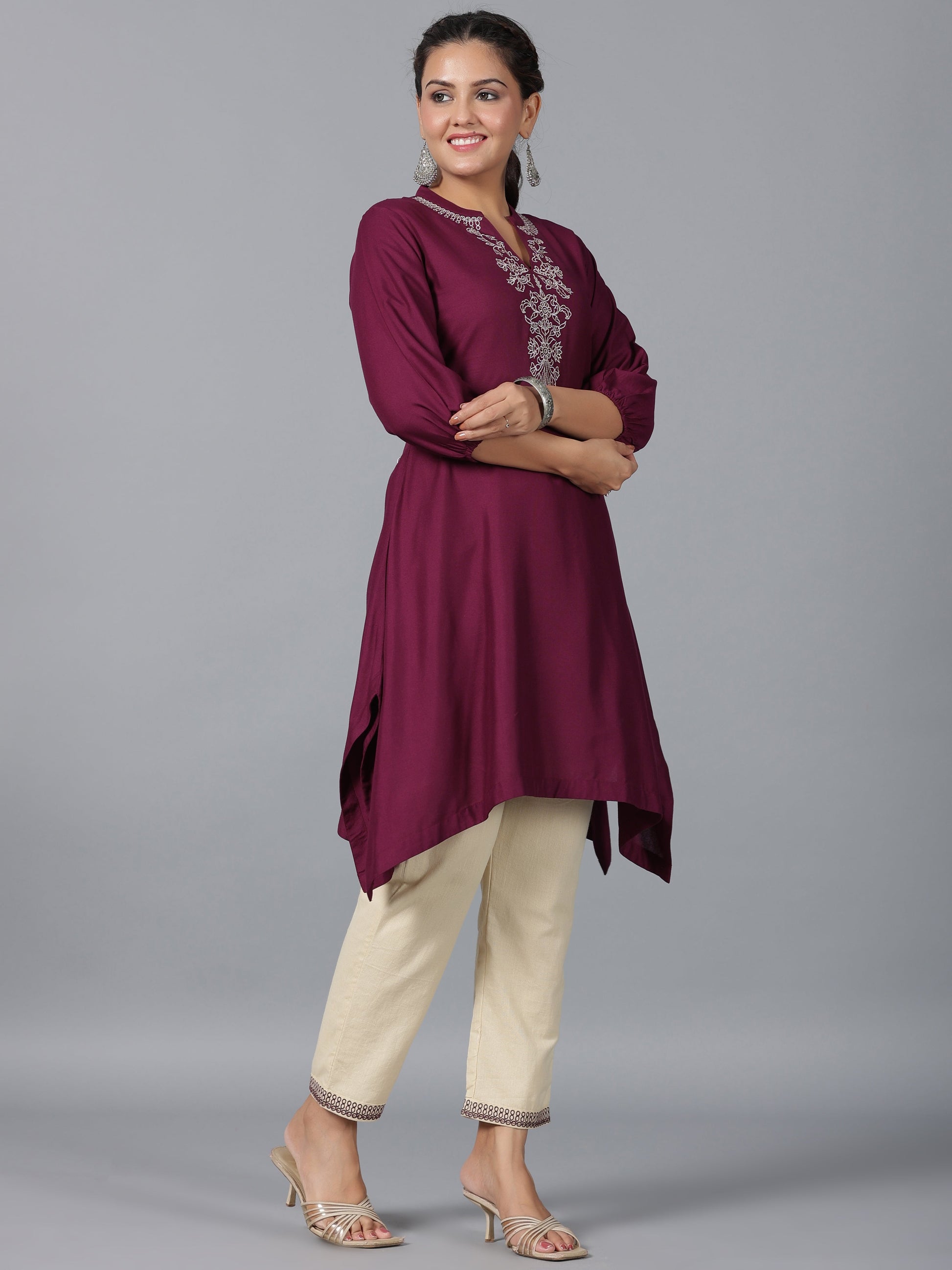 Juniper Women Maroon Rayon Embroidered Asymmetric Kurta & Pants Set