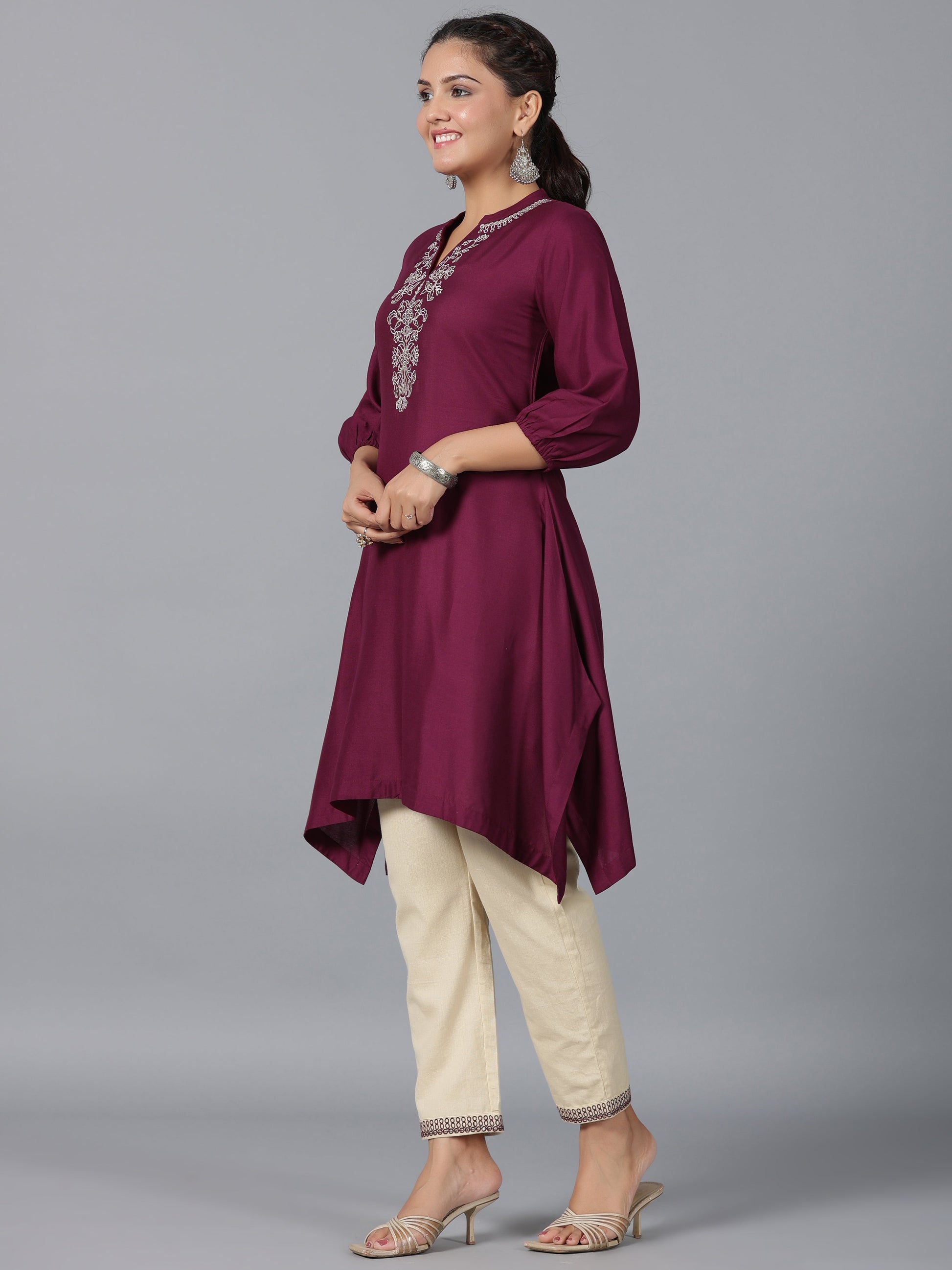 Juniper Women Maroon Rayon Embroidered Asymmetric Kurta & Pants Set