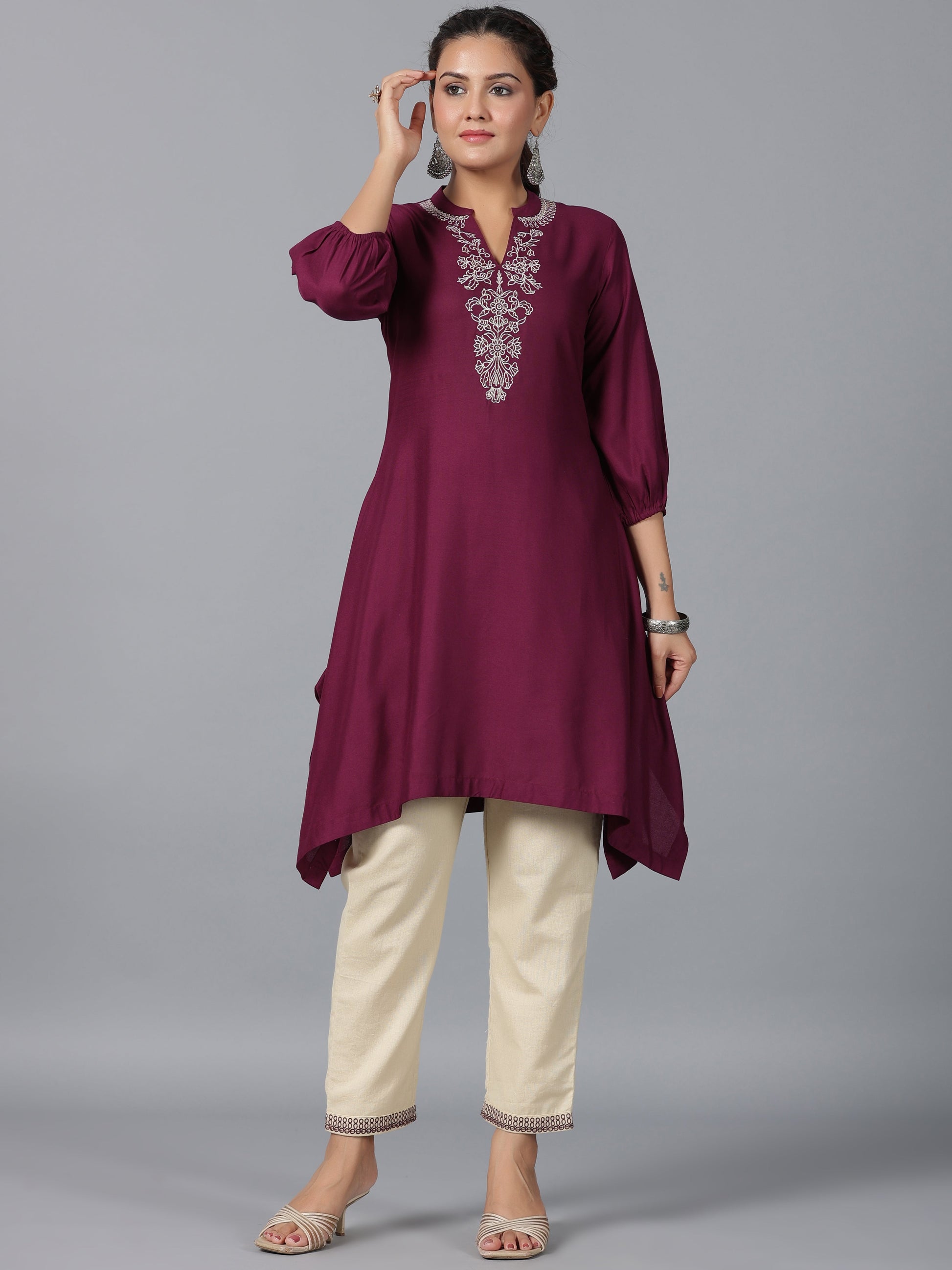 Juniper Women Maroon Rayon Embroidered Asymmetric Kurta & Pants Set