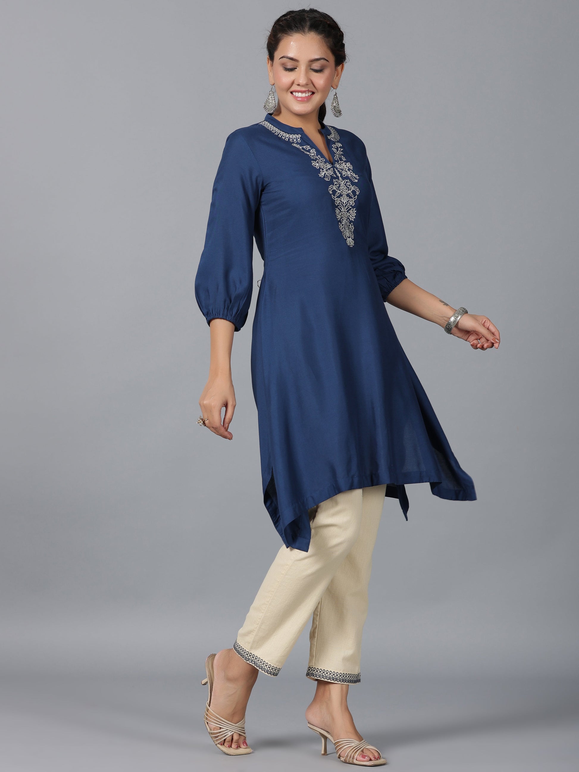Juniper Women Navy Blue Rayon Embroidered Asymmetric Kurta & Pants Set