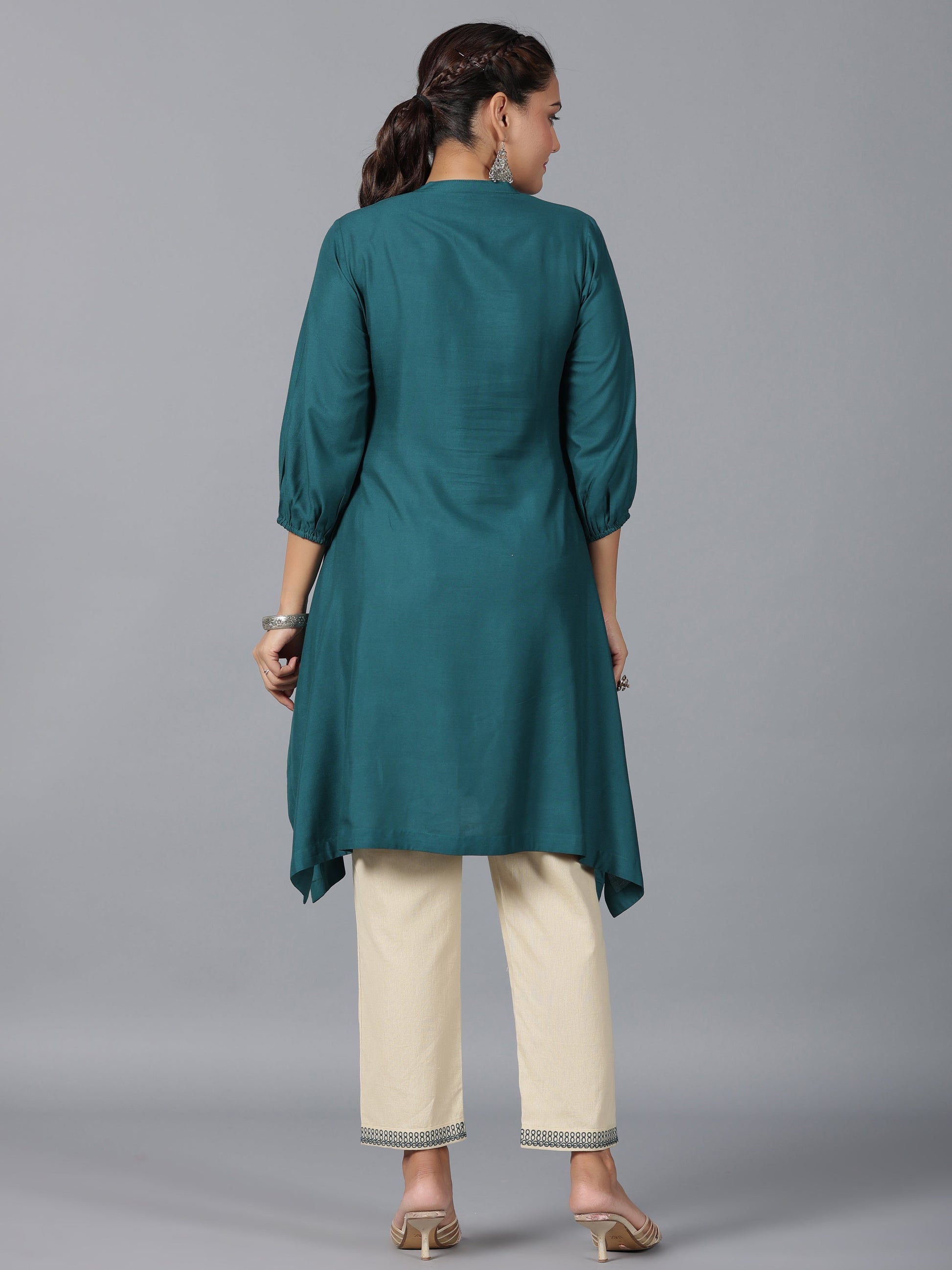 Juniper Women Teal Rayon Embroidered Asymmetric Kurta & Pants Set