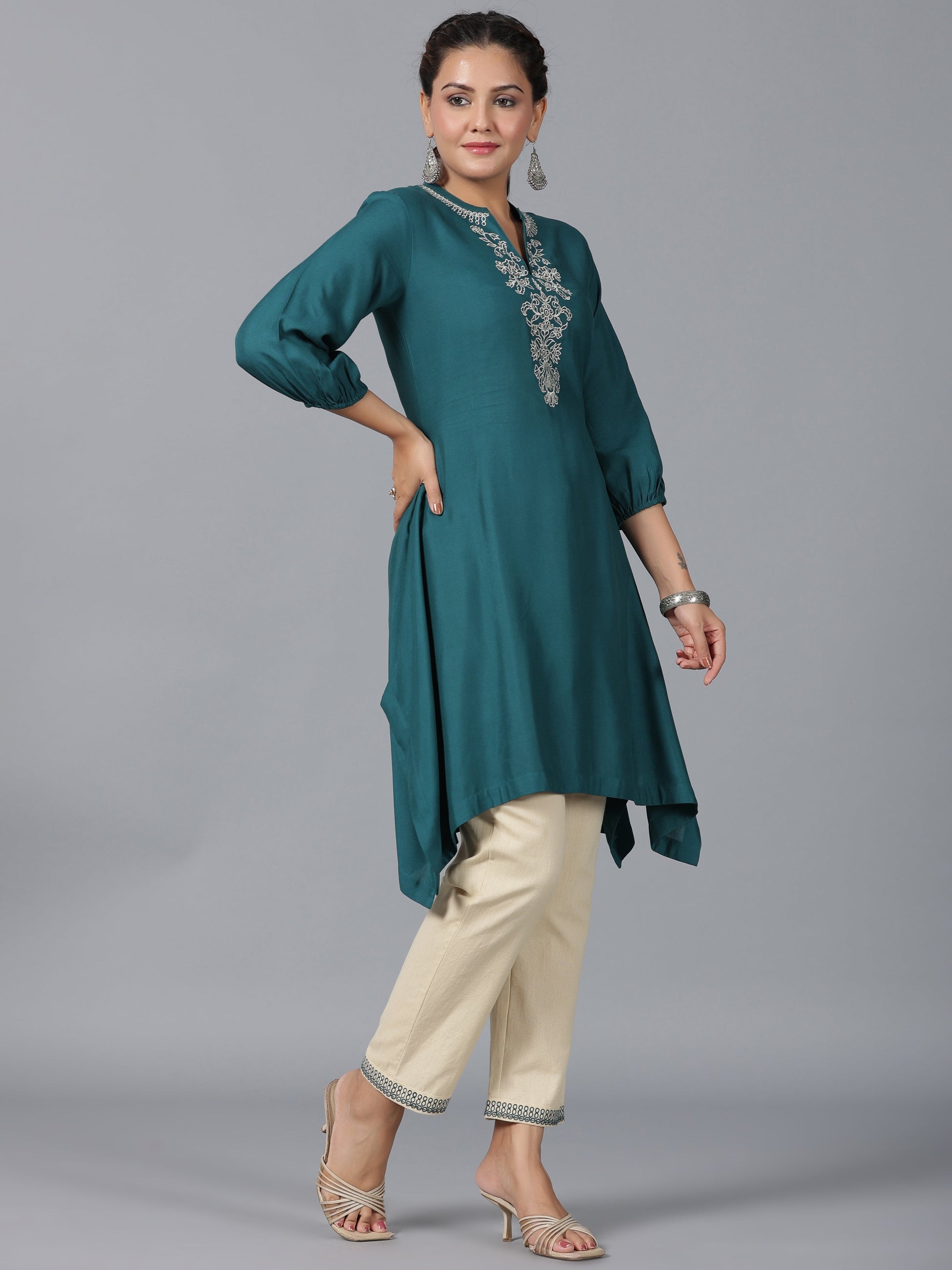 Juniper Women Teal Rayon Embroidered Asymmetric Kurta & Pants Set