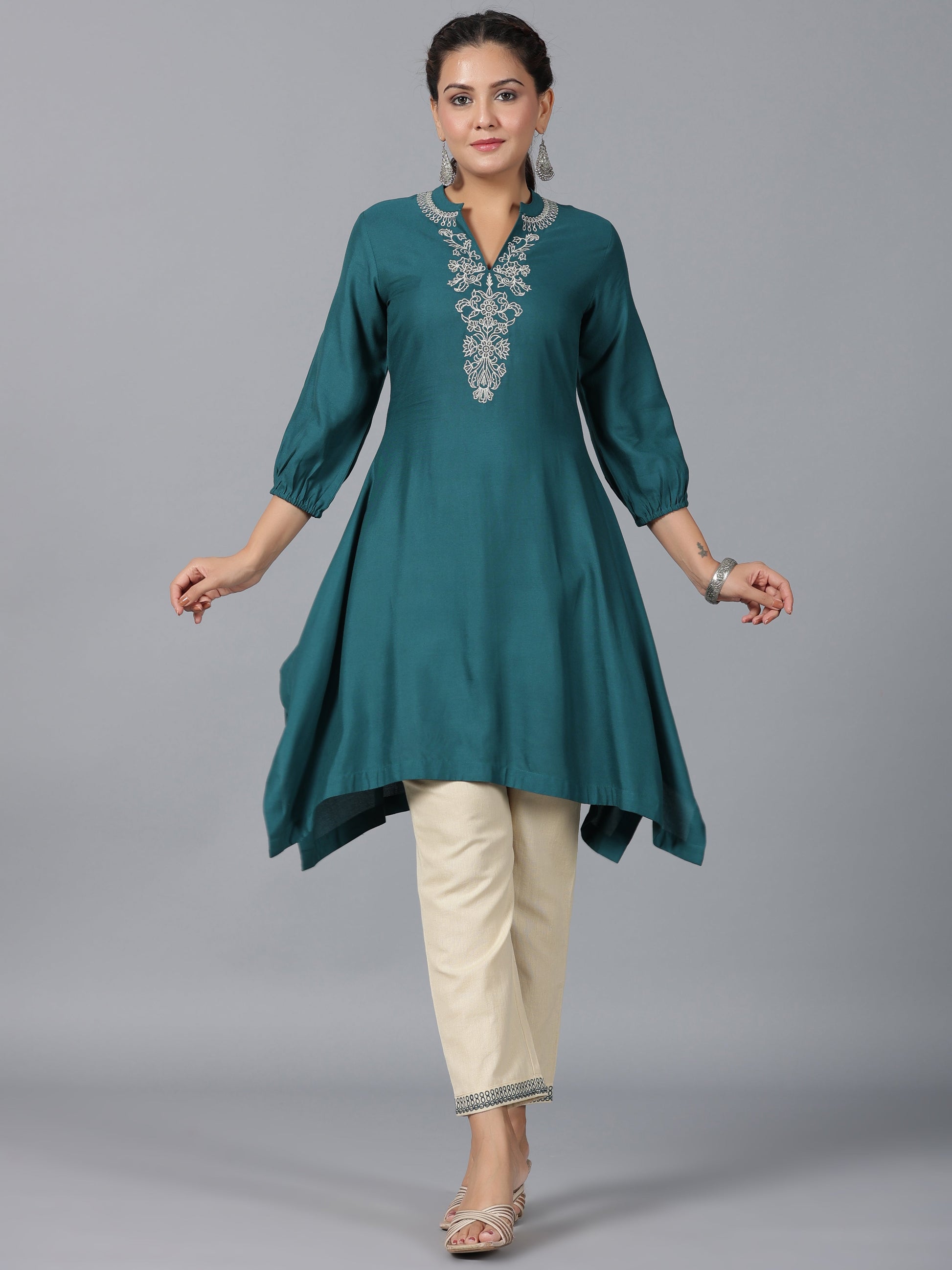 Juniper Women Teal Rayon Embroidered Asymmetric Kurta & Pants Set