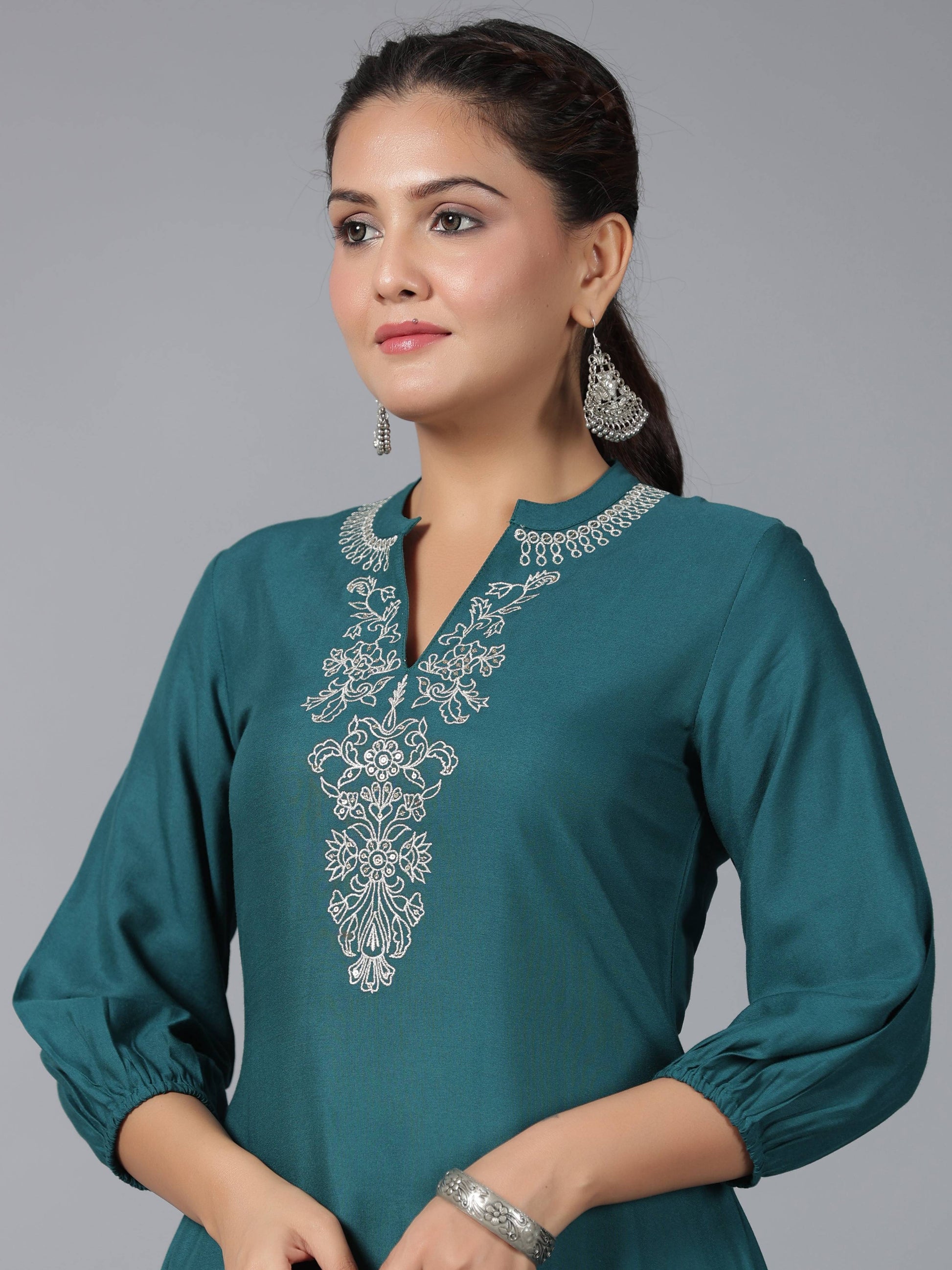 Juniper Women Teal Rayon Embroidered Asymmetric Kurta & Pants Set