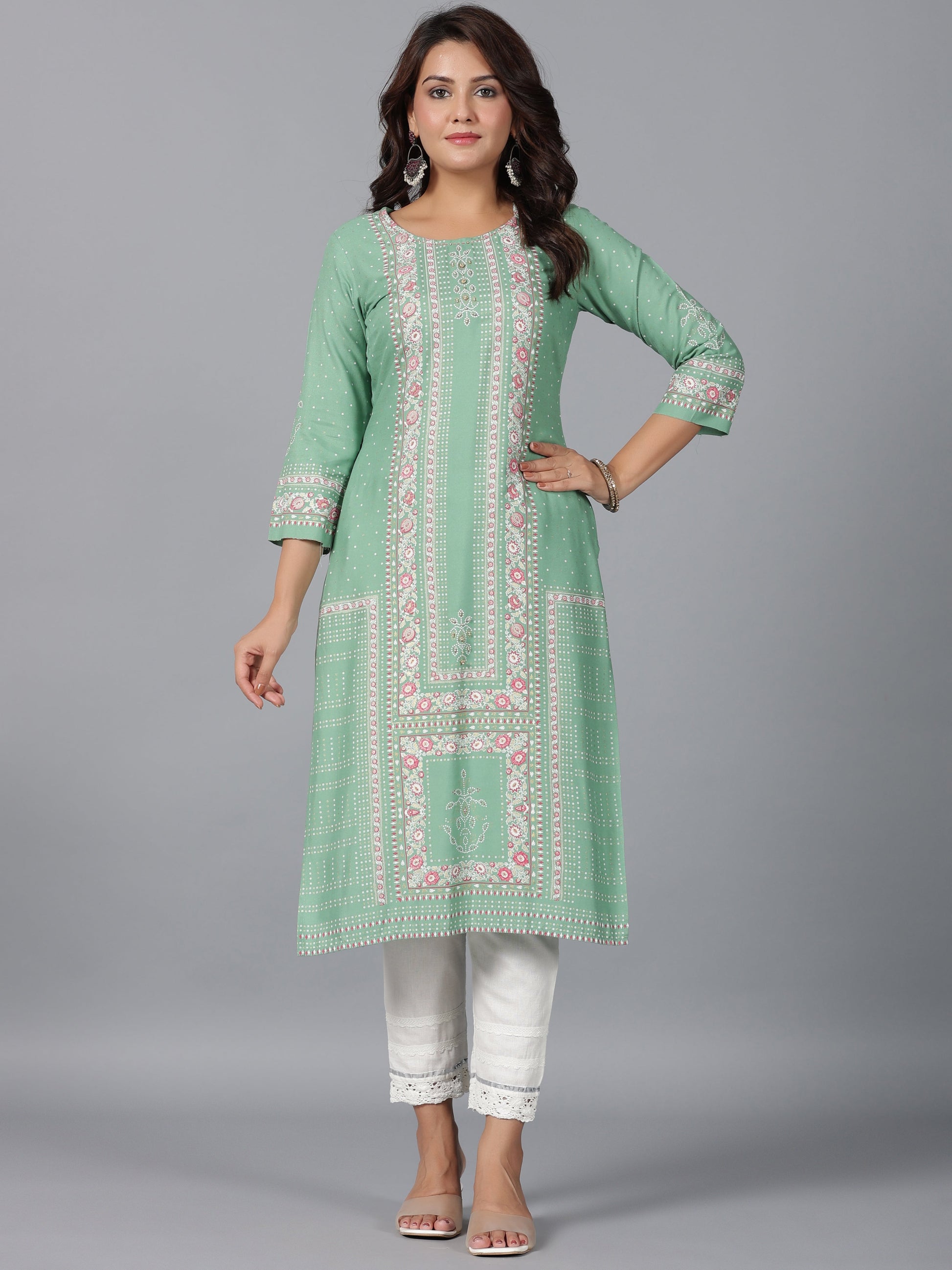 Juniper Women Sage Green Rayon Printed Straight Kurta