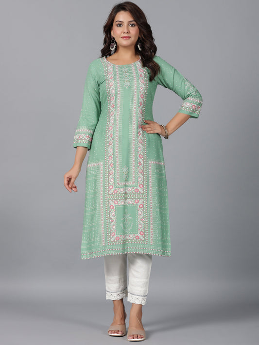 Juniper Women Sage Green Rayon Printed Straight Kurta