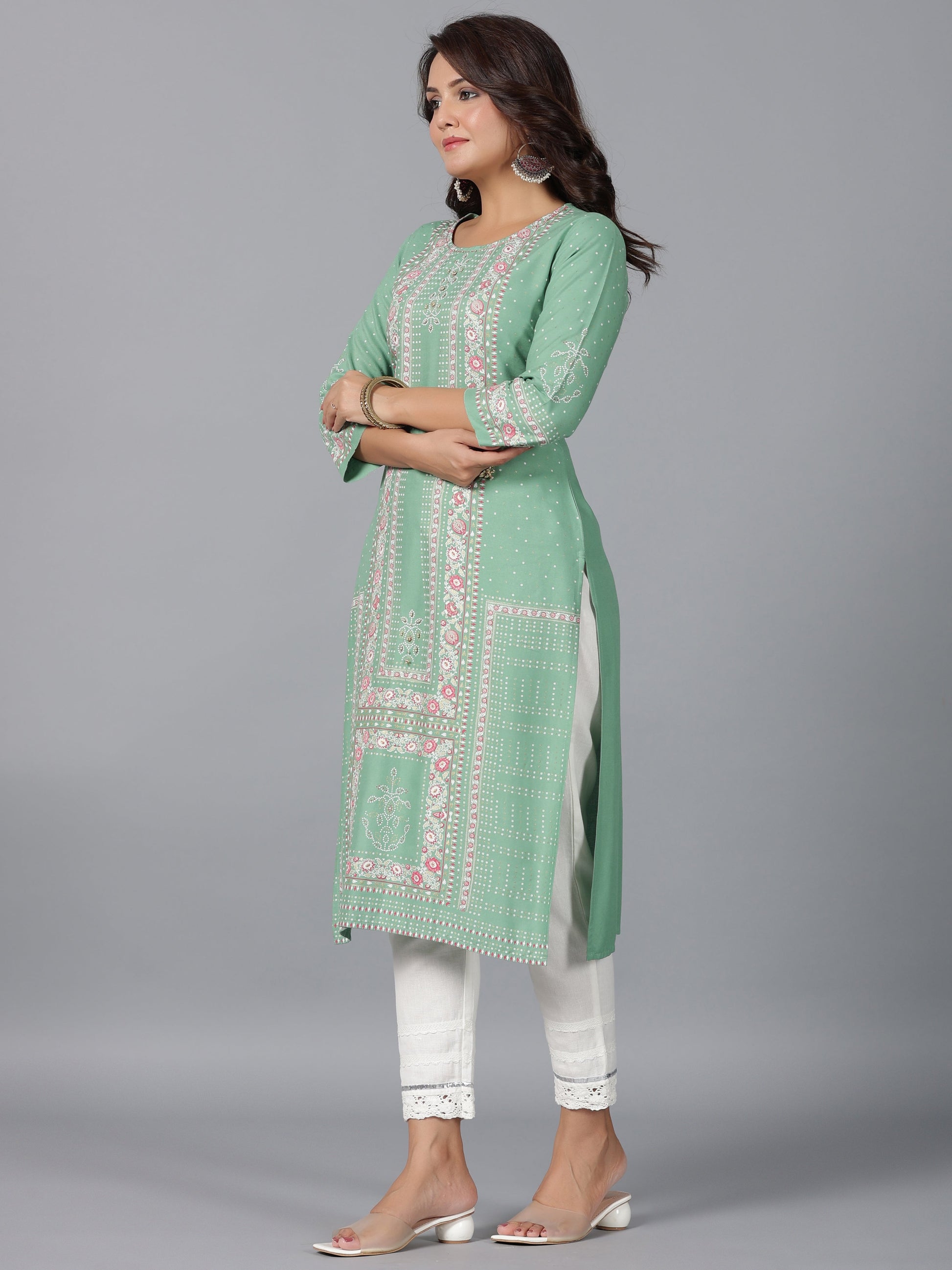 Juniper Women Sage Green Rayon Printed Straight Kurta