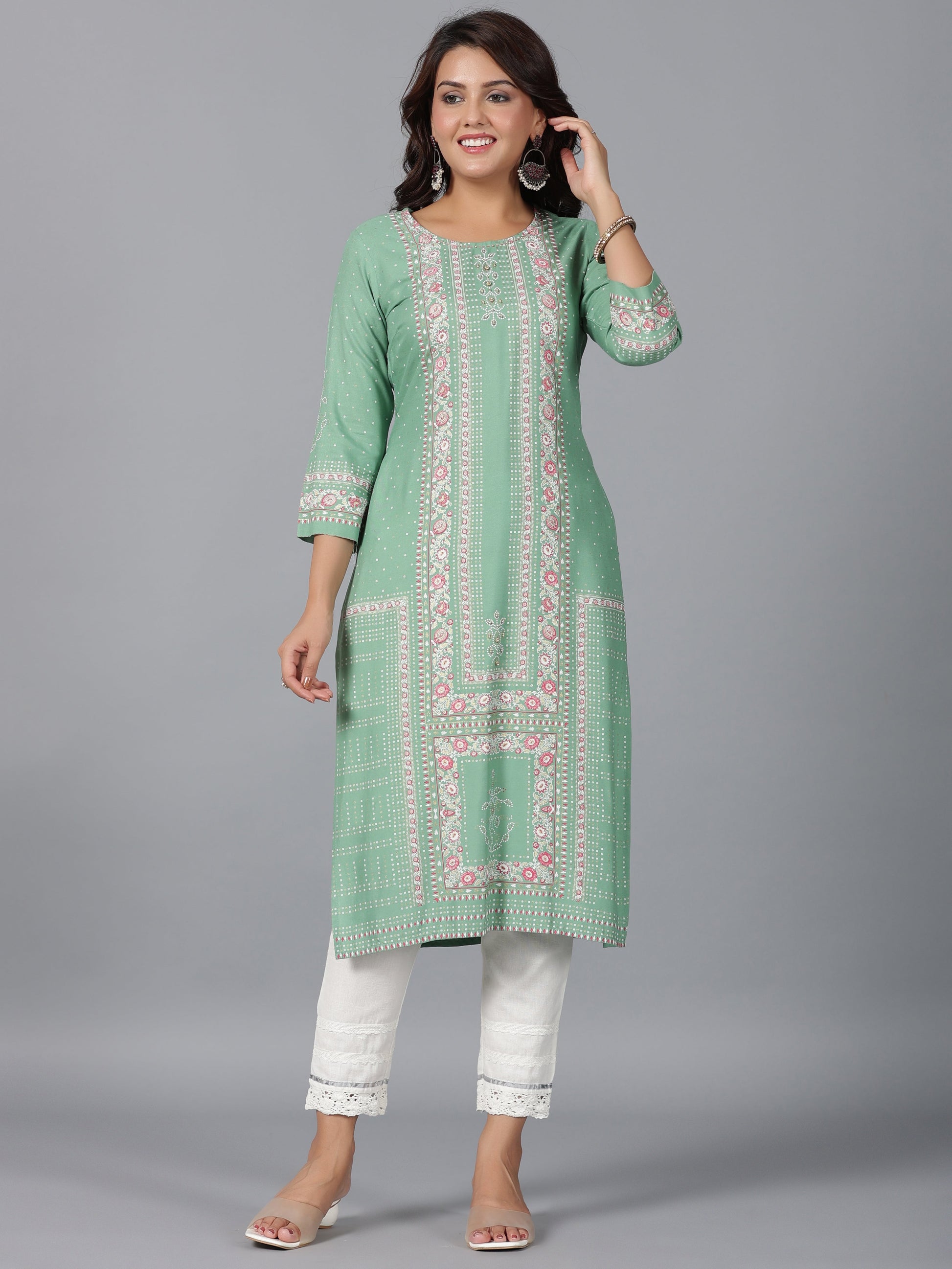 Juniper Women Sage Green Rayon Printed Straight Kurta