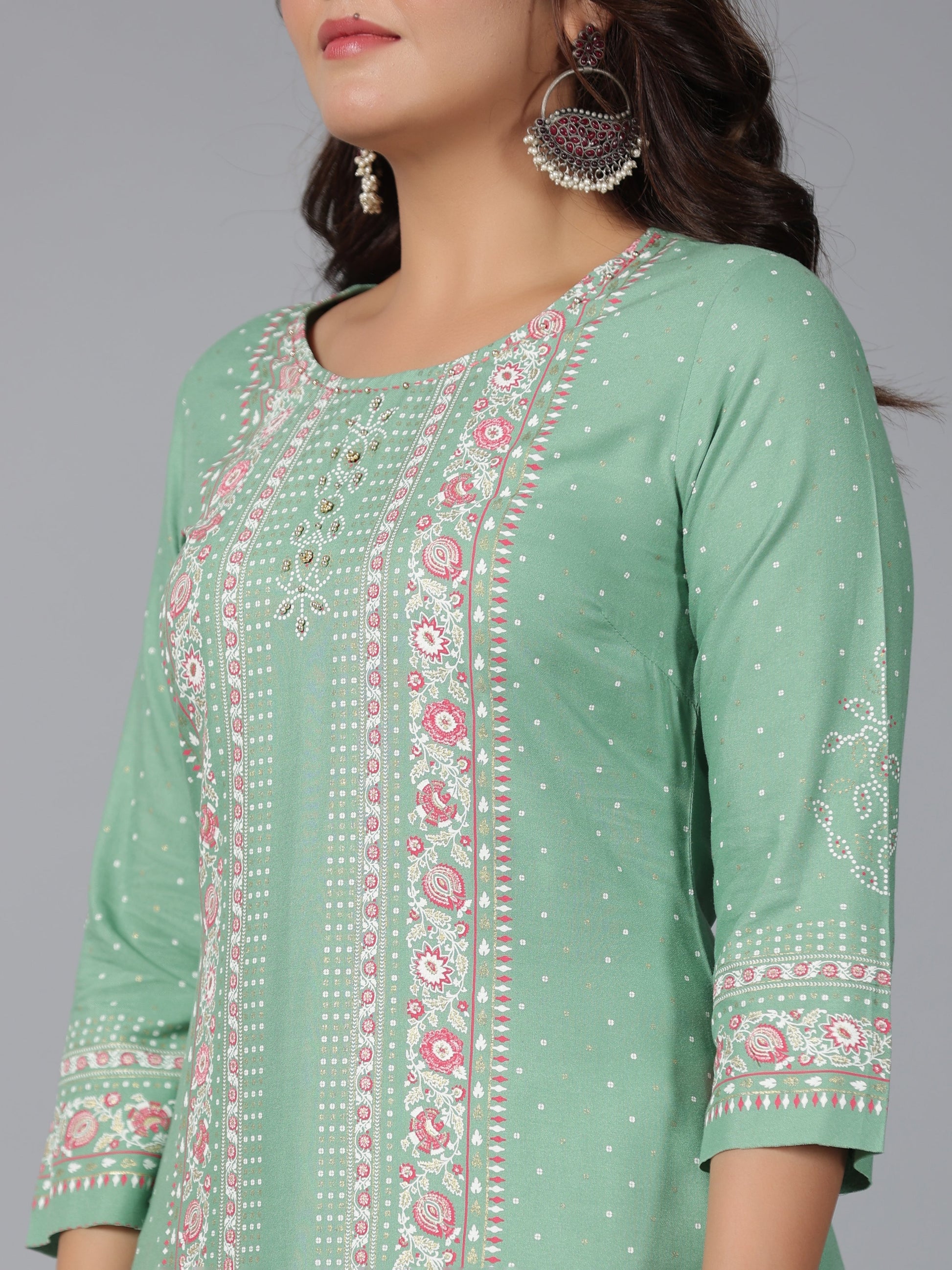 Juniper Women Sage Green Rayon Printed Straight Kurta