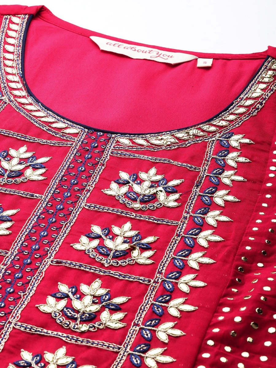 All About You Ethnic Motifs Embroidered Chanderi Silk Kurta with Trousers & With Dupatta