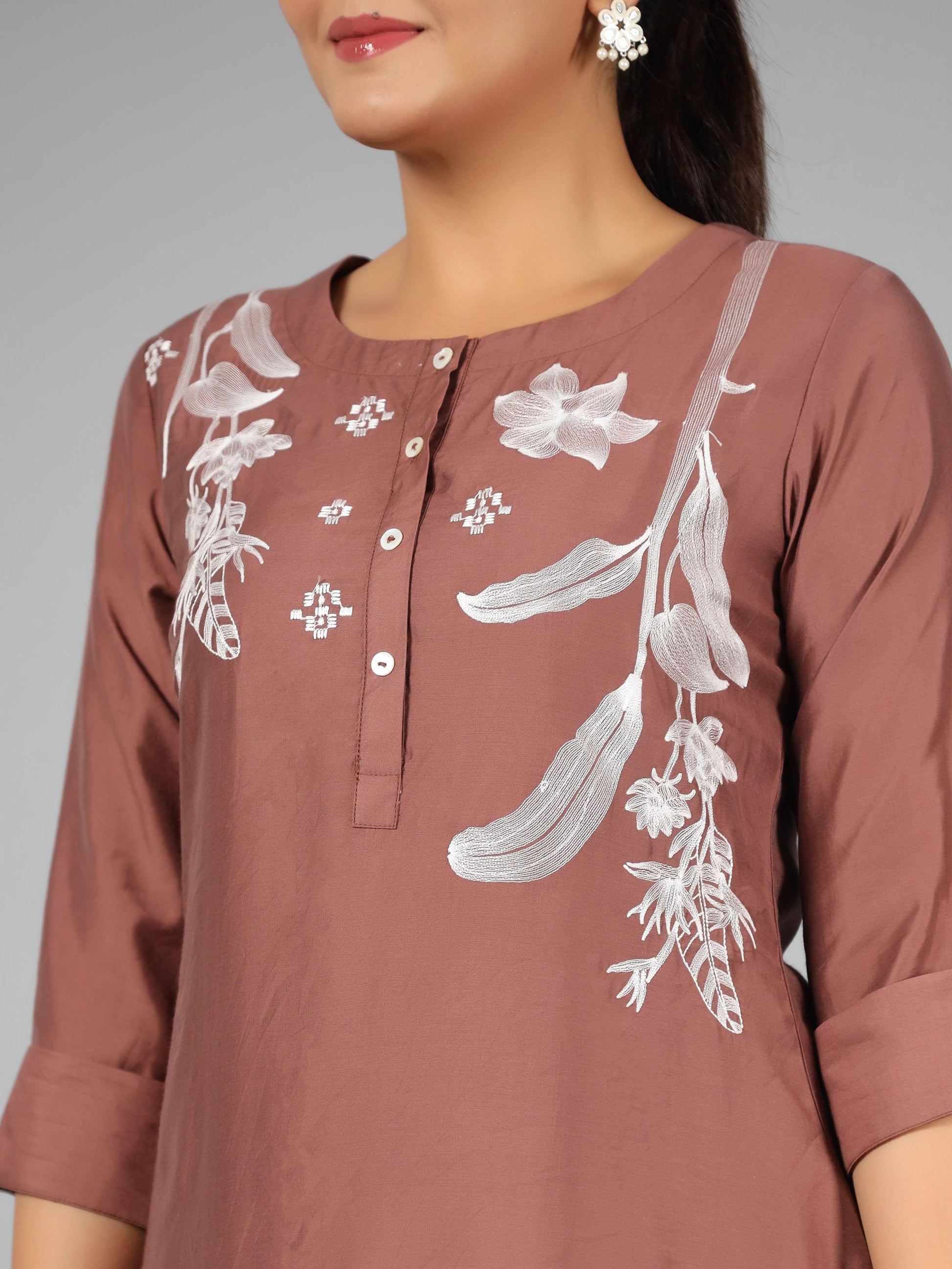 Juniper Women Brown Chanderi Embroidered Clothing Set