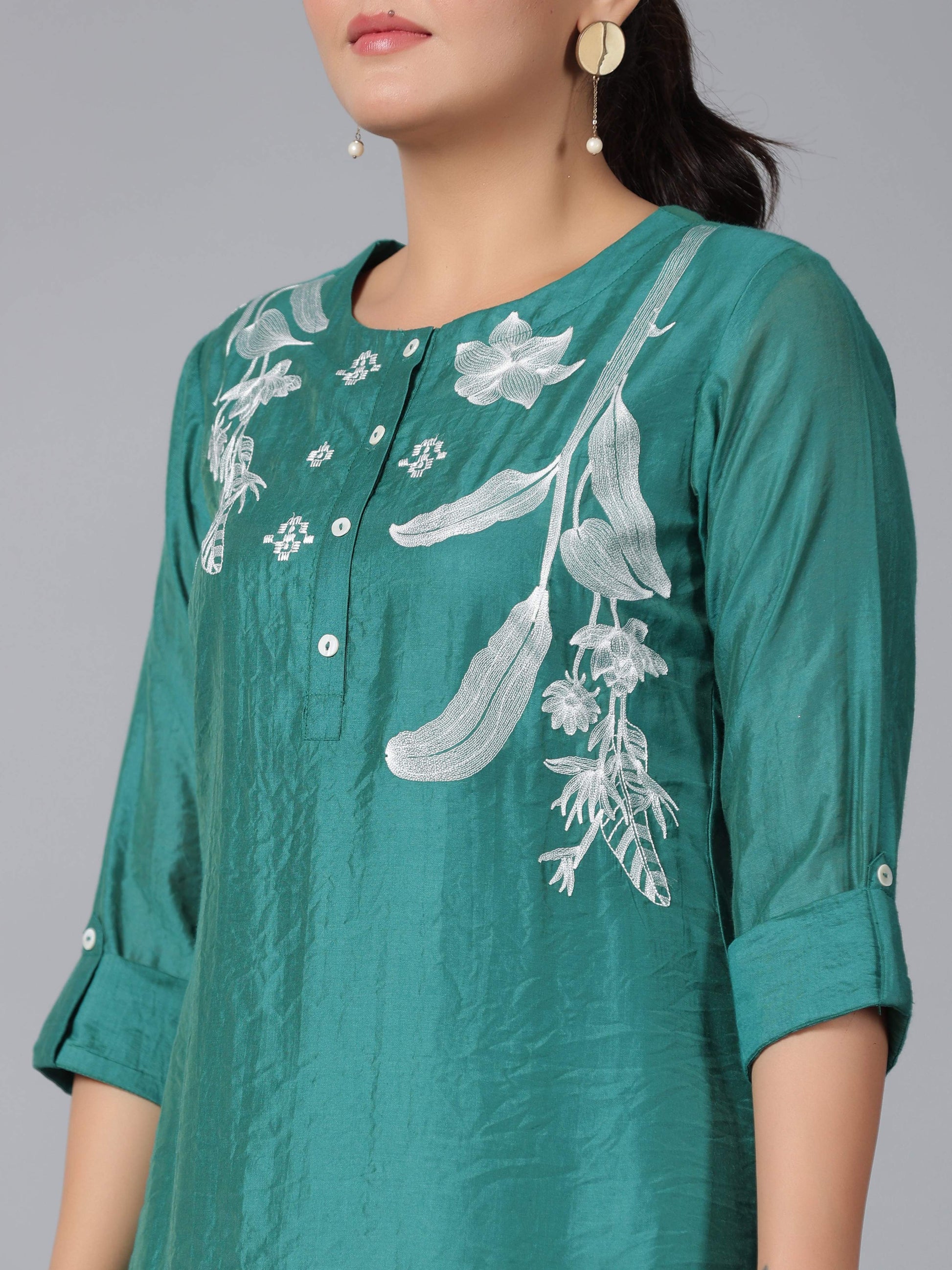 Juniper Women Green Chanderi Embroidered Clothing Set