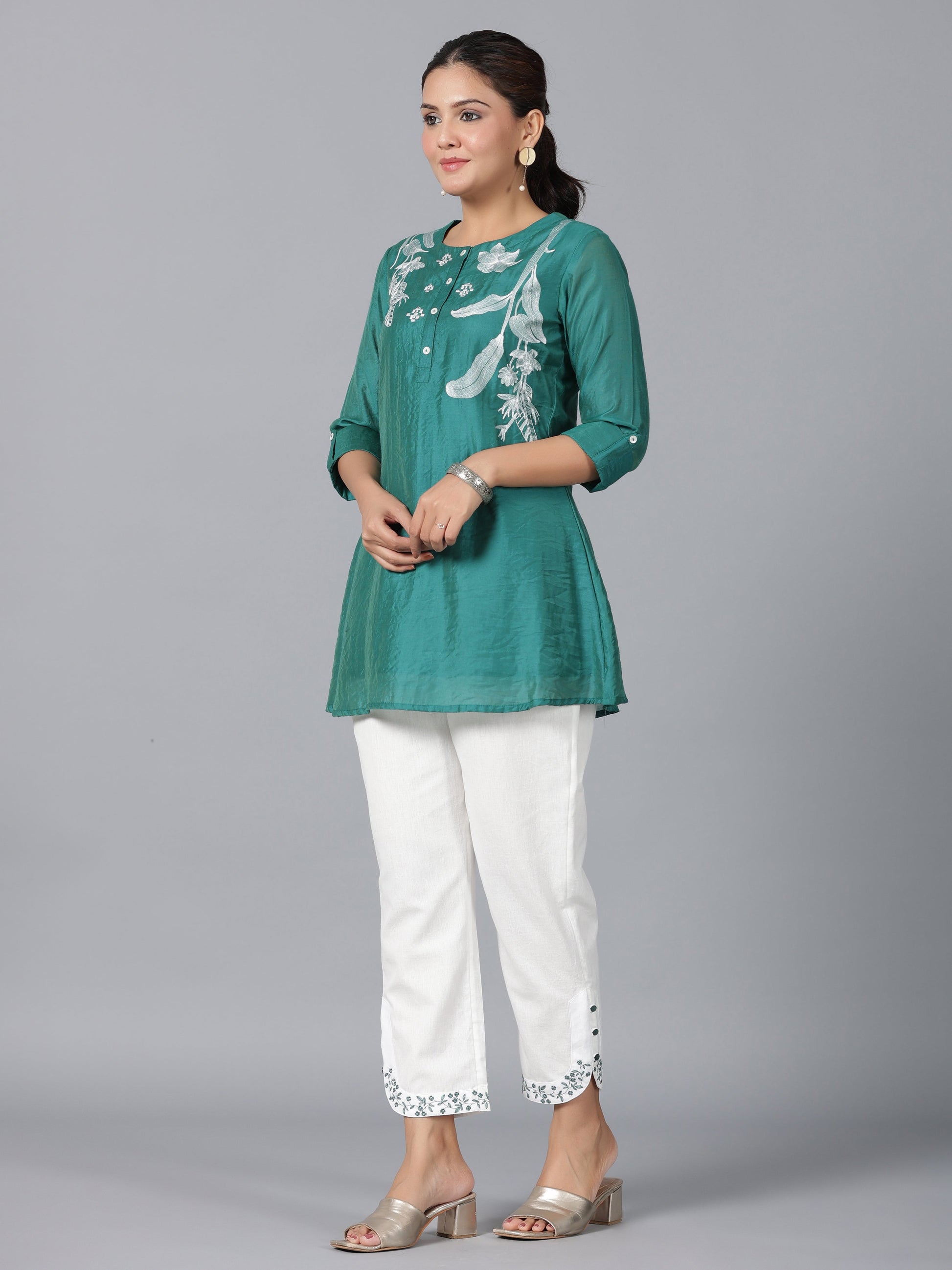 Juniper Women Green Chanderi Embroidered Clothing Set