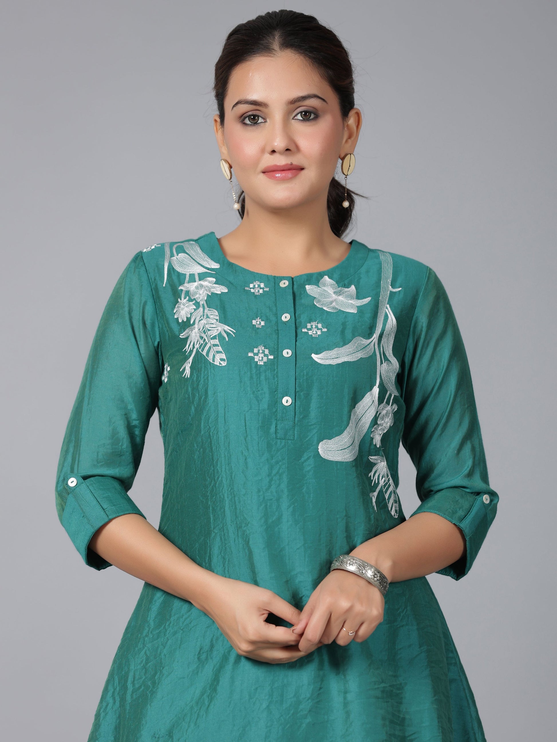 Juniper Women Green Chanderi Embroidered Clothing Set