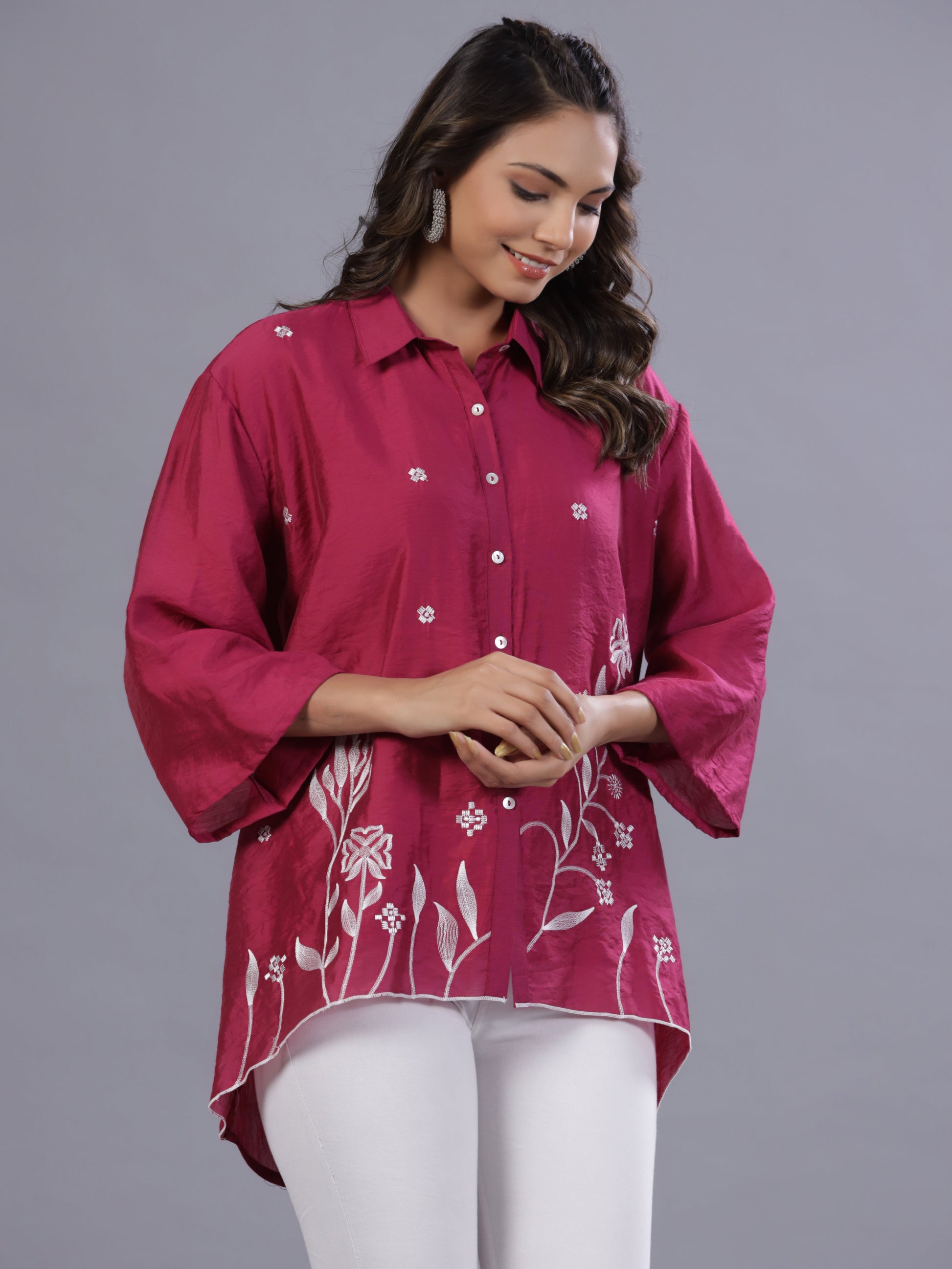 Juniper Women Fuchsia Chanderi Embroidered Clothing Set