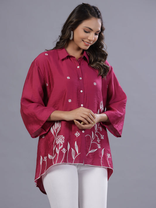 Juniper Women Fuchsia Chanderi Embroidered Clothing Set