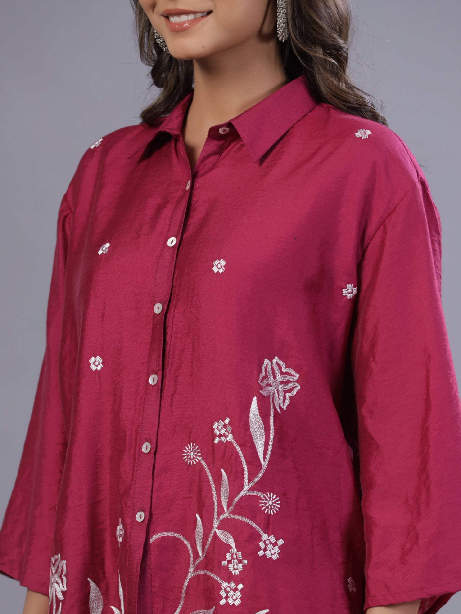 Juniper Women Fuchsia Chanderi Embroidered Clothing Set