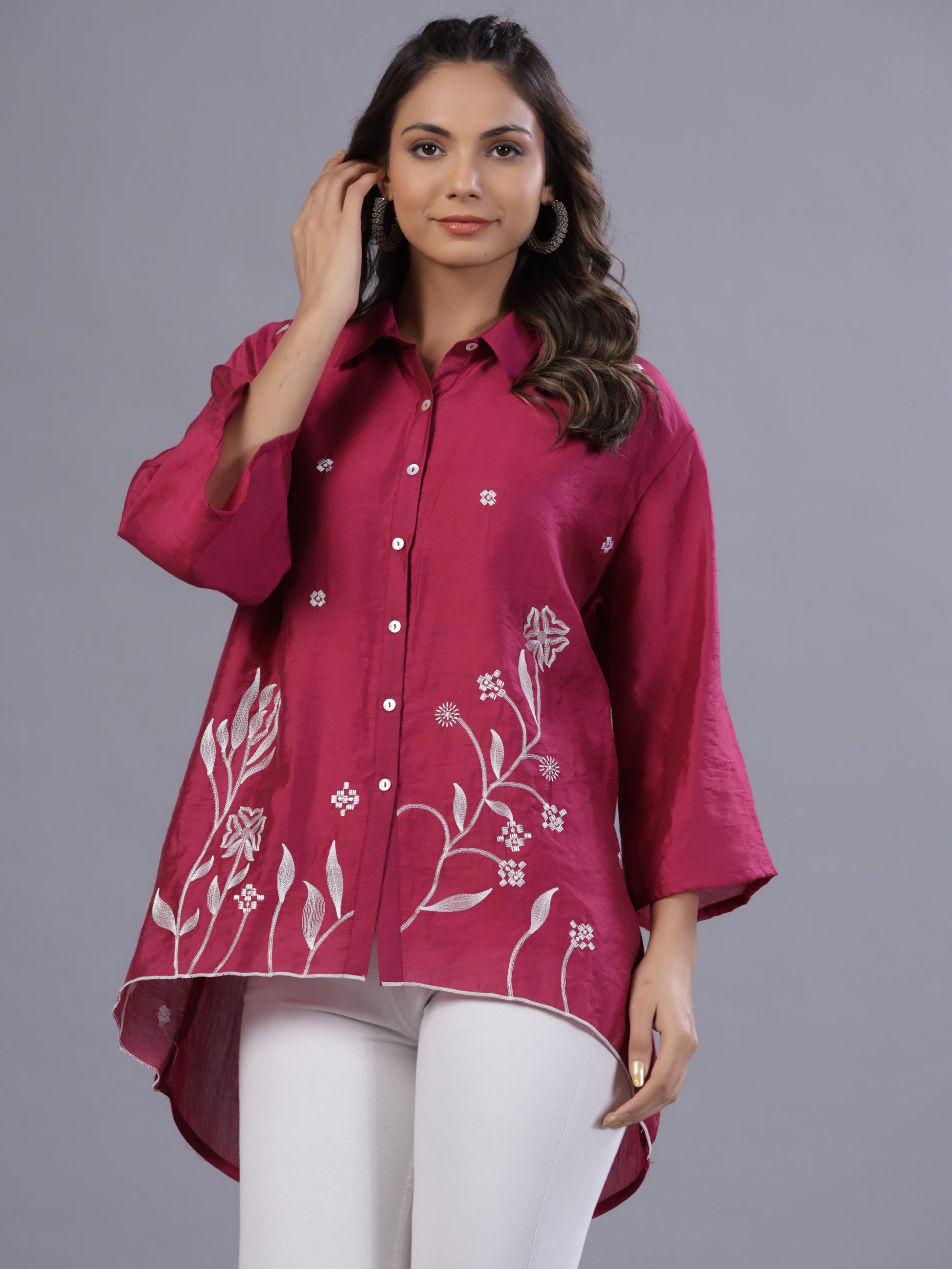 Juniper Women Fuchsia Chanderi Embroidered Clothing Set