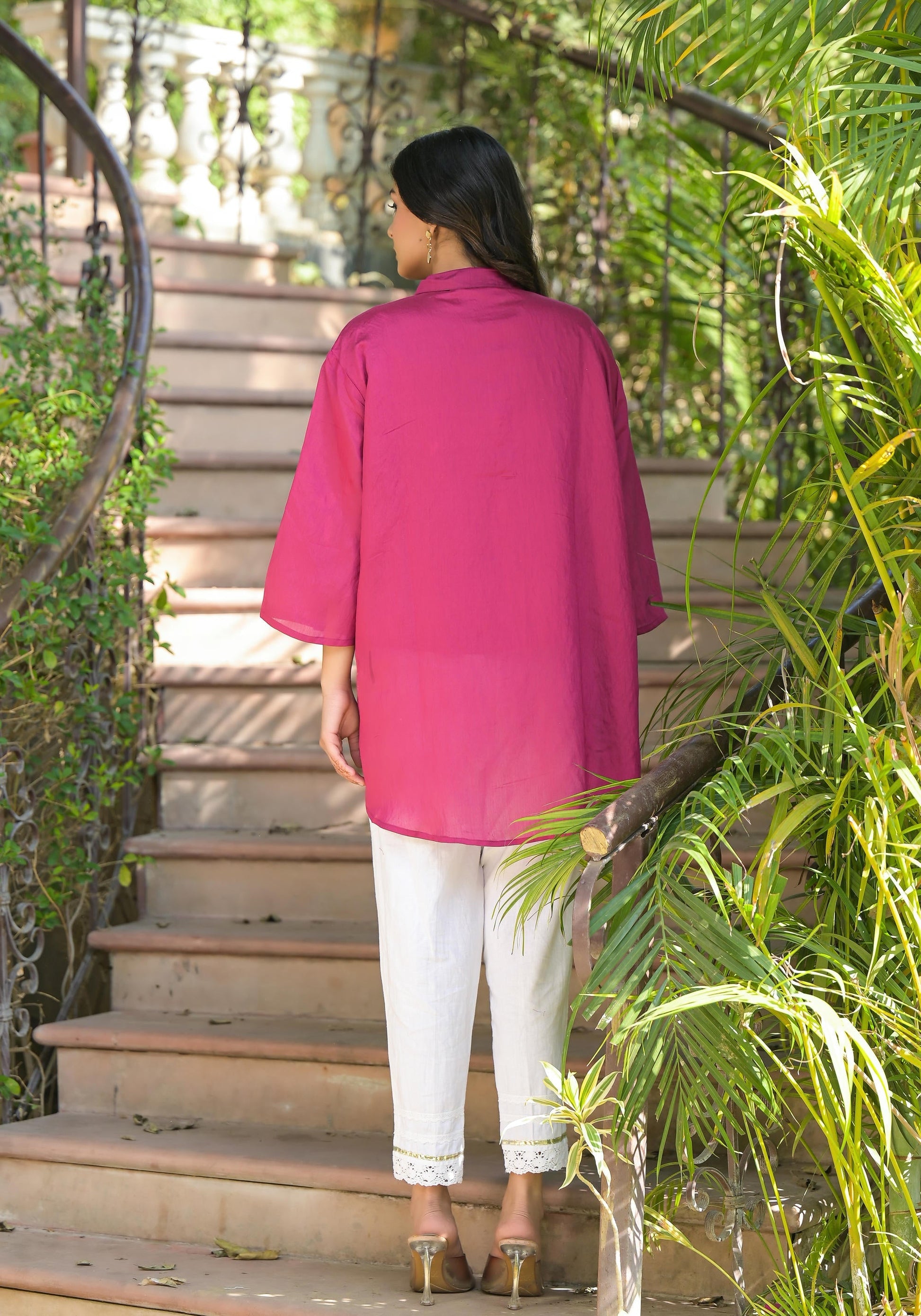 Juniper Fuchsia Thread Embroidered Chanderi Tunic With Button Closure