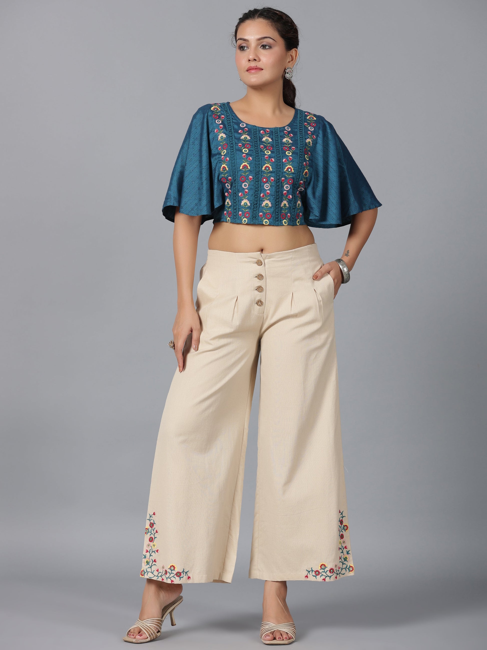 Juniper Women Blue Rayon Embroidered Clothing Set