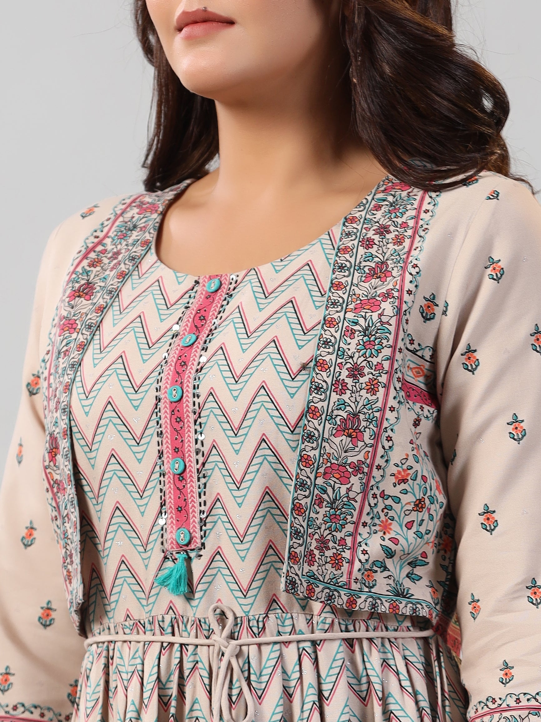 Juniper Women Beige Rayon Printed Jacket Style Midi Dress