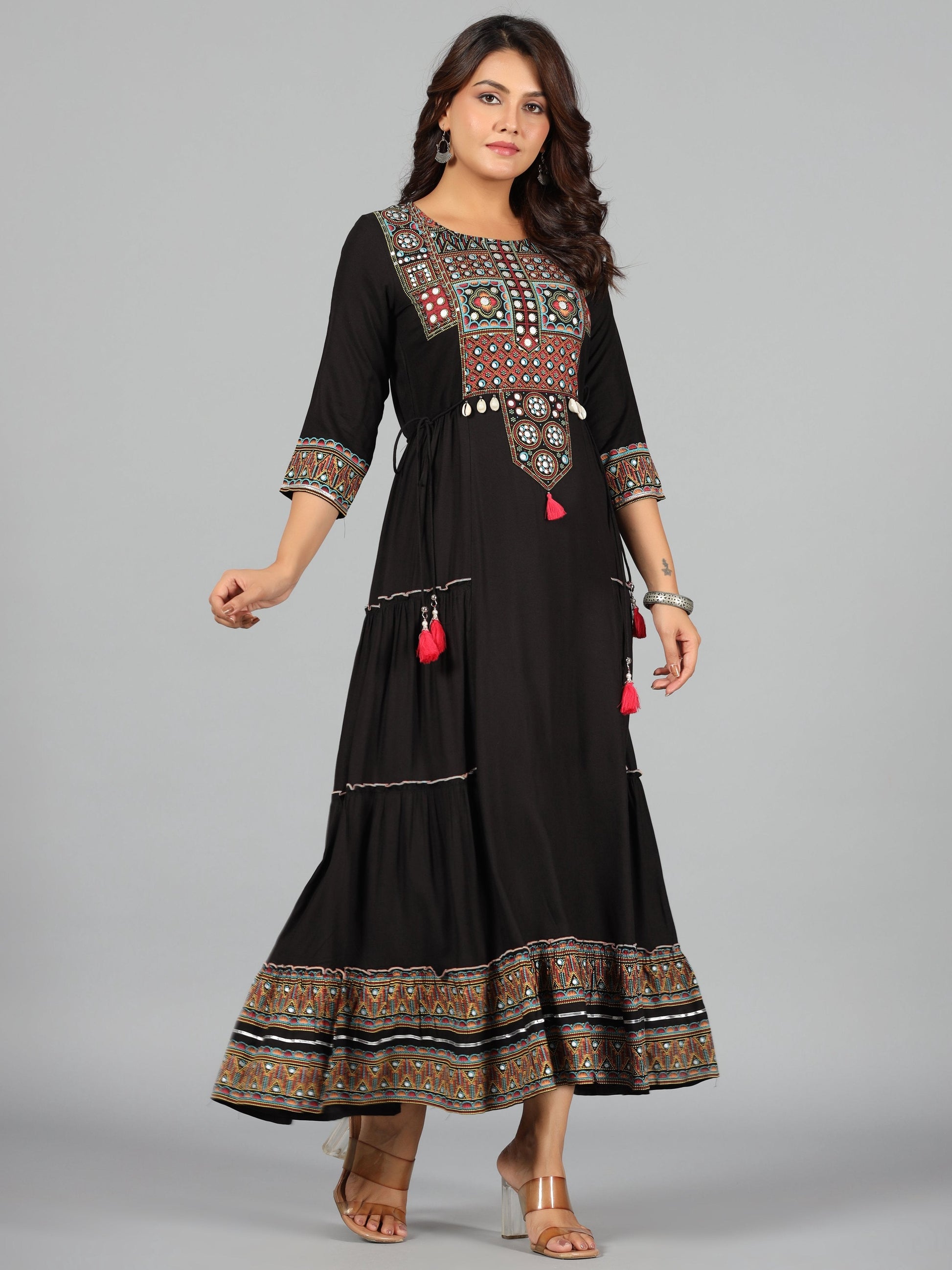 Juniper Women's Black Rayon Staple Printed Tiered Maxi Dress