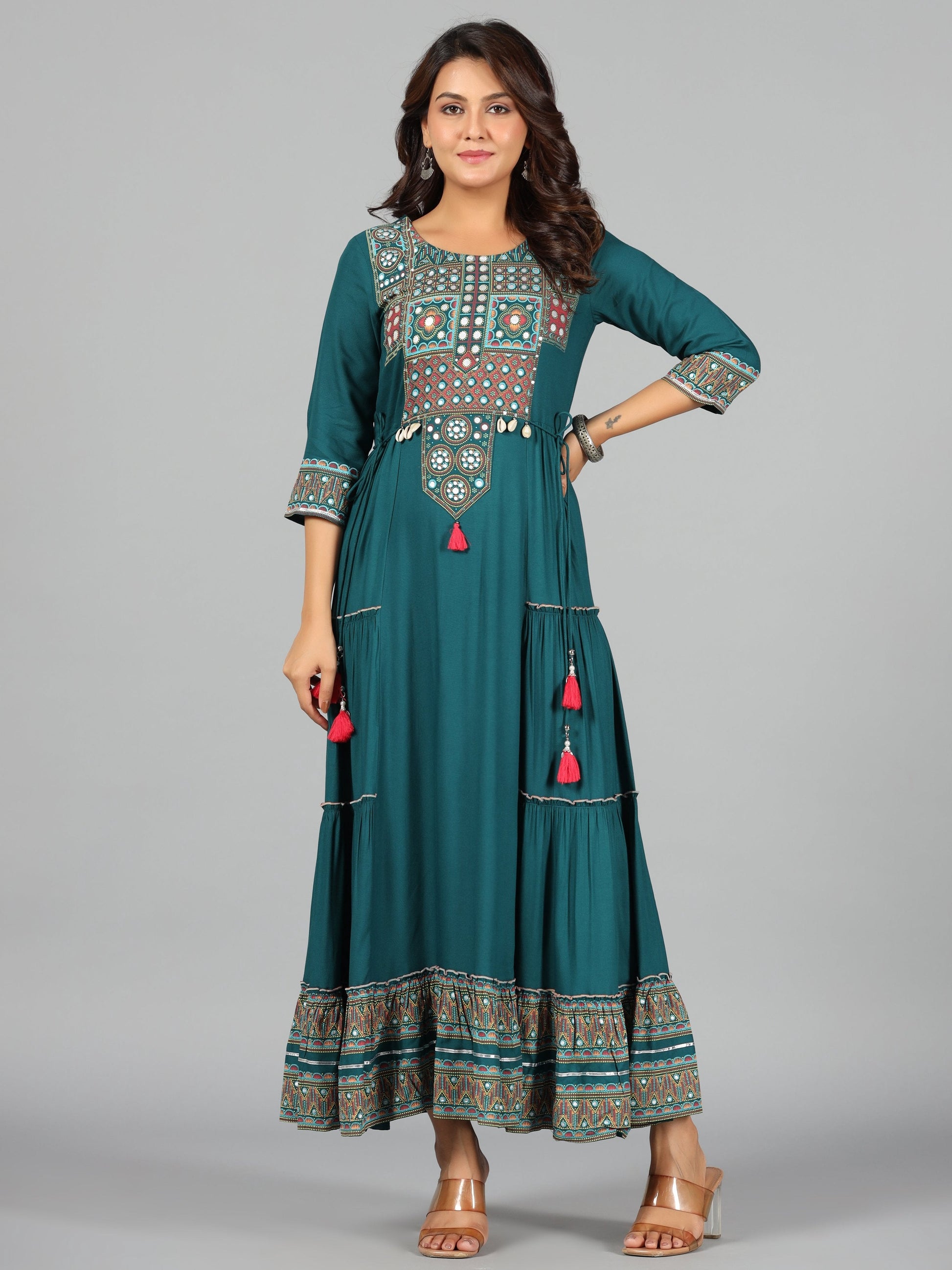 Juniper Women's Teal Rayon Staple Printed Tiered Maxi Dress