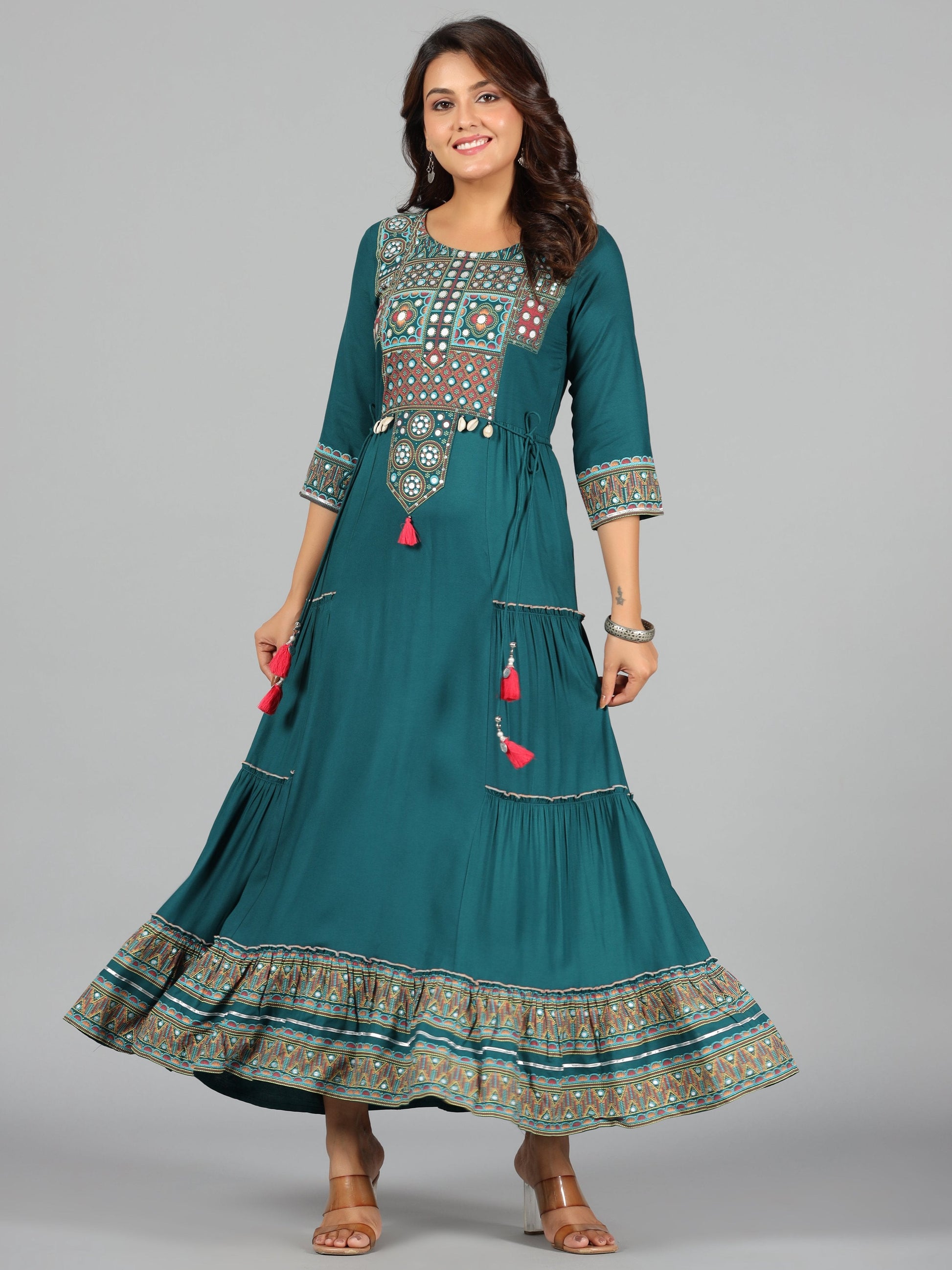Juniper Women's Teal Rayon Staple Printed Tiered Maxi Dress