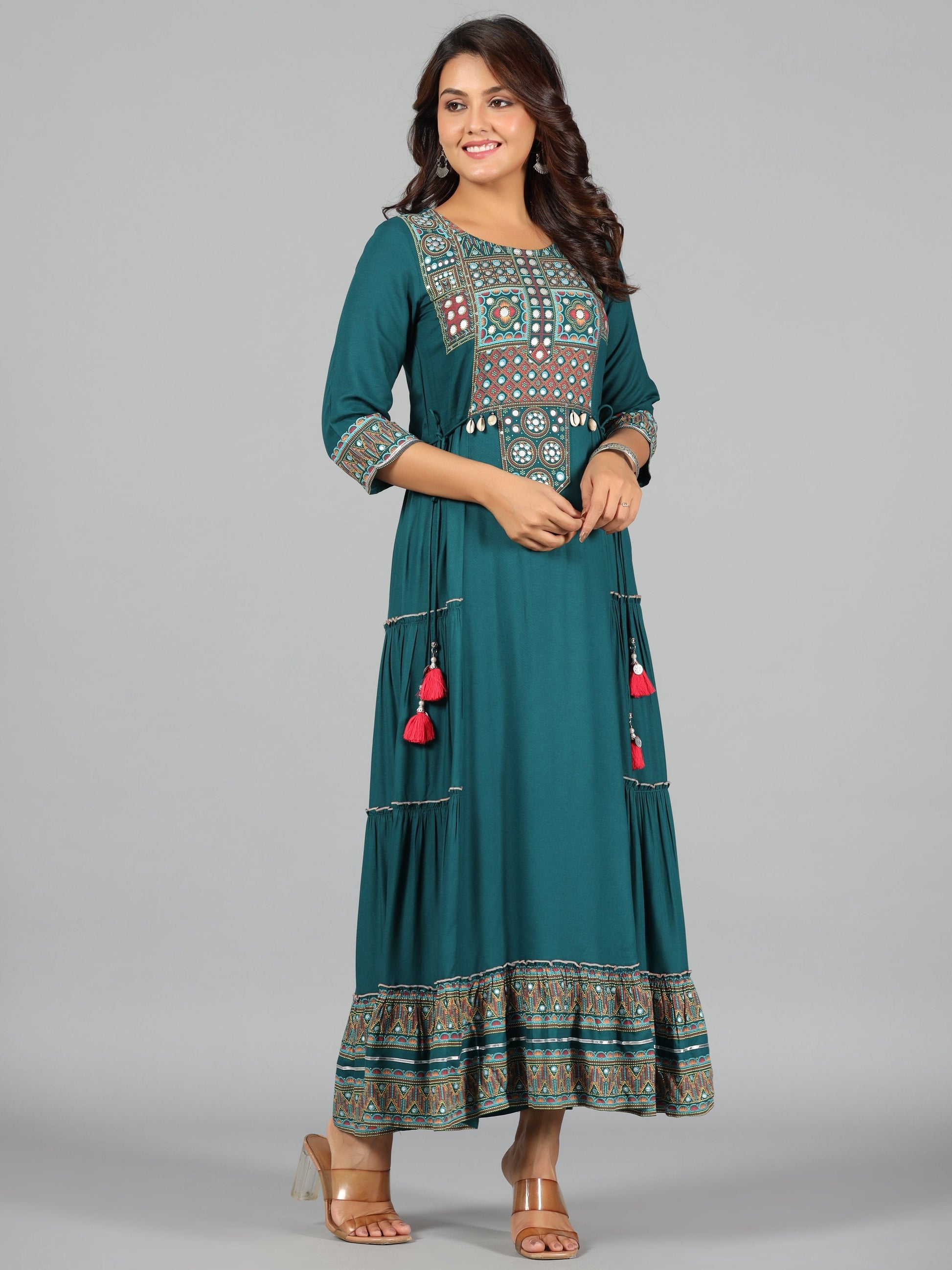 Juniper Women's Teal Rayon Staple Printed Tiered Maxi Dress