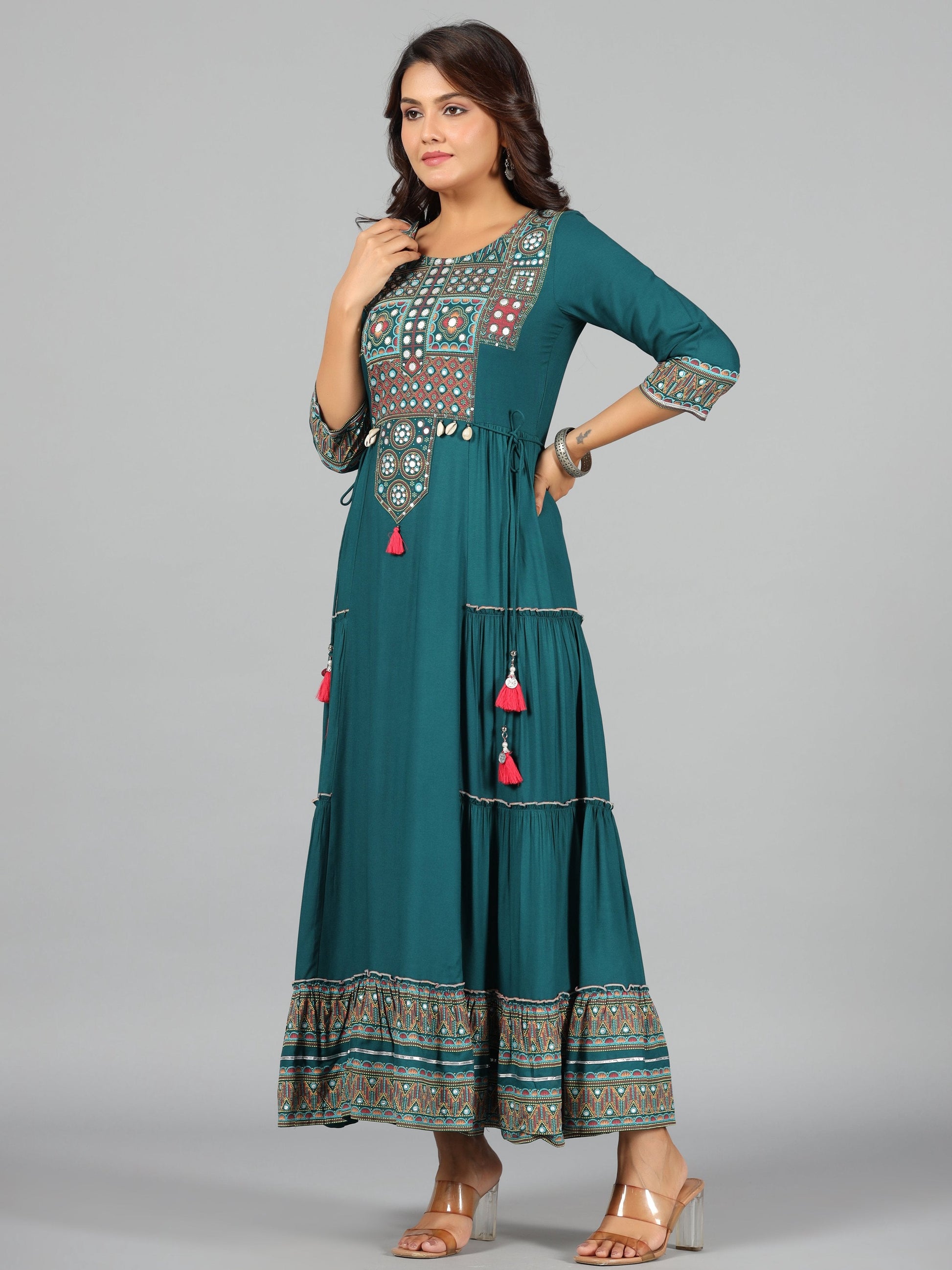 Juniper Women's Teal Rayon Staple Printed Tiered Maxi Dress