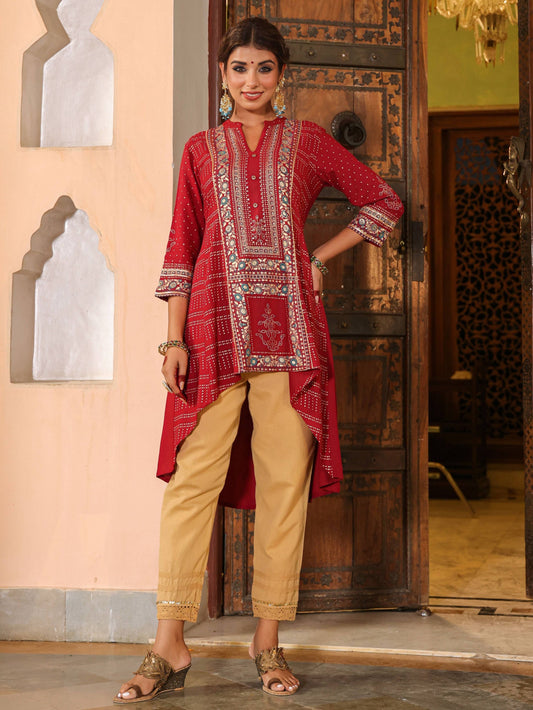 Juniper Women Maroon Liva Rayon Foil Printed High-Low Tunic