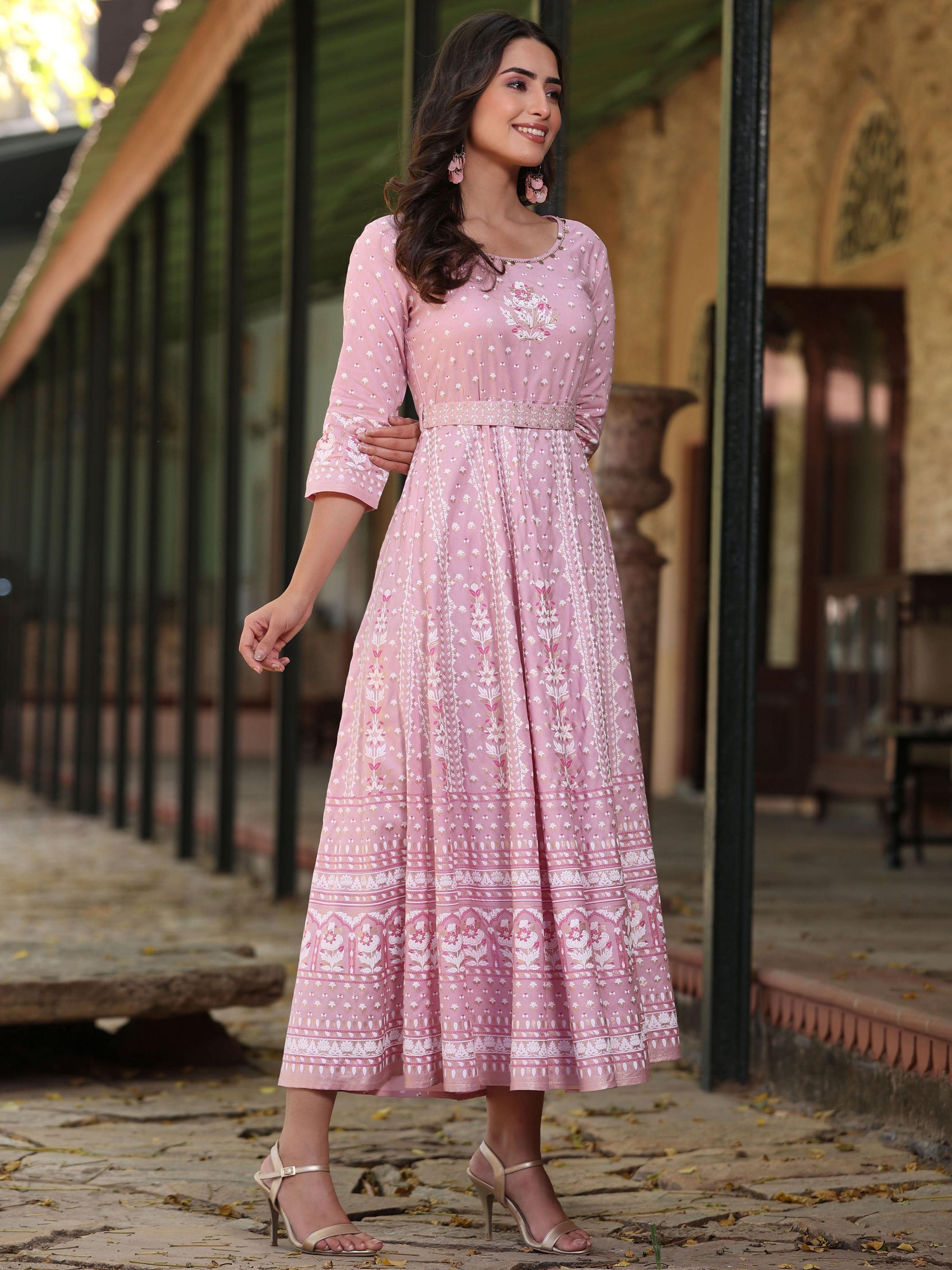 Juniper Women Pink Rayon Staple Printed Maxi Dress