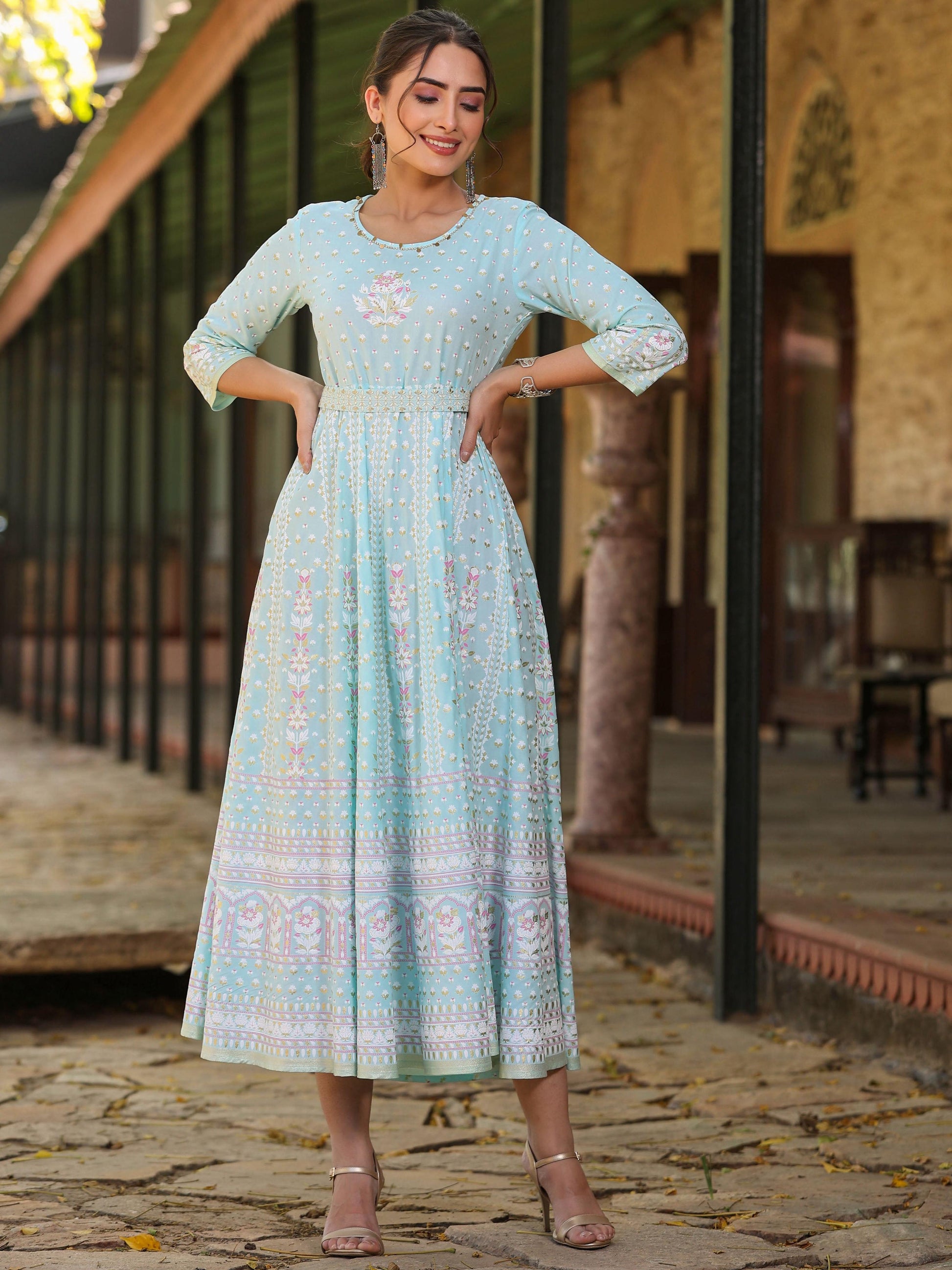 Juniper Women Sky Blue Rayon Staple Printed Maxi Dress