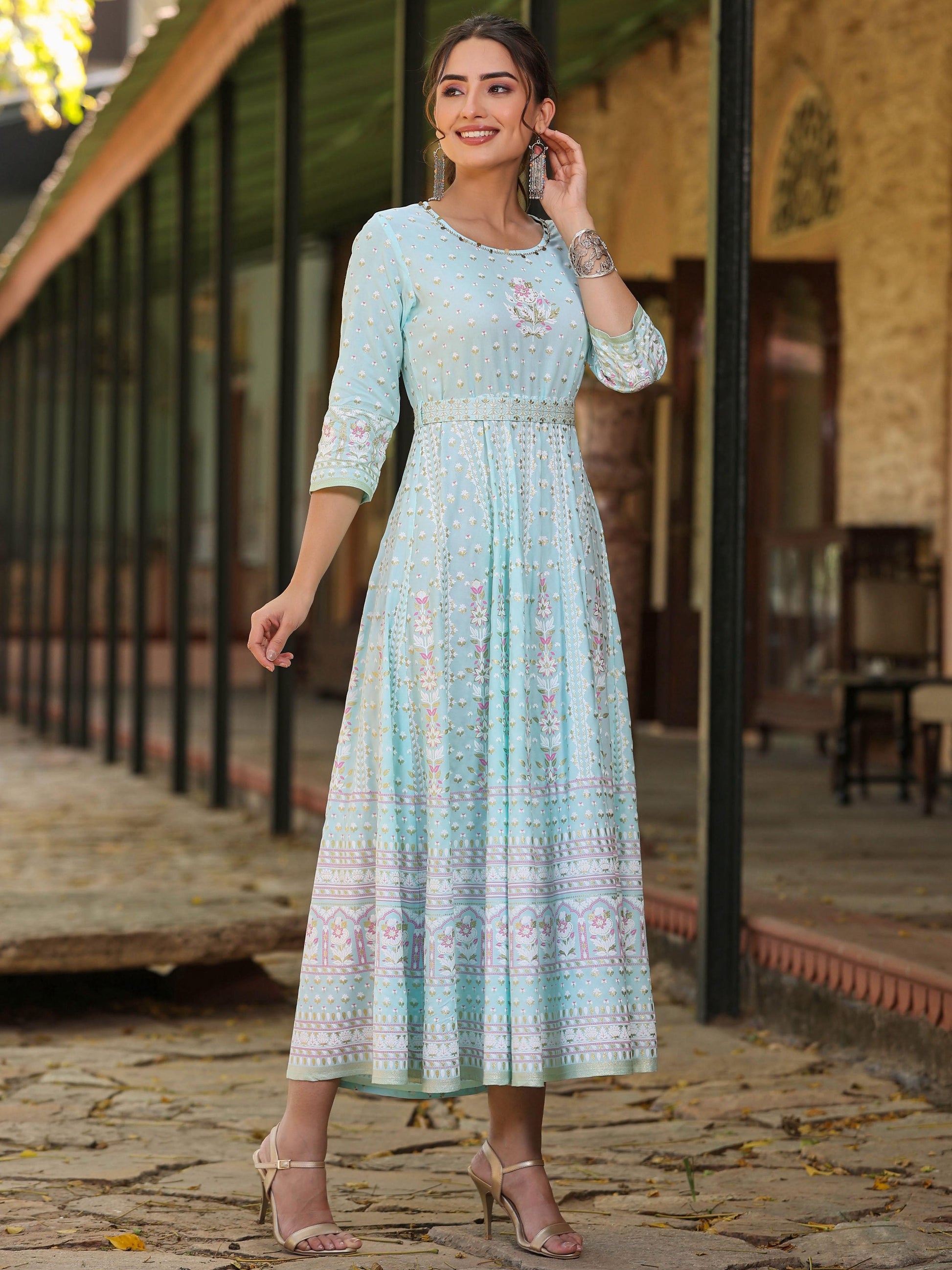 Juniper Women Sky Blue Rayon Staple Printed Maxi Dress