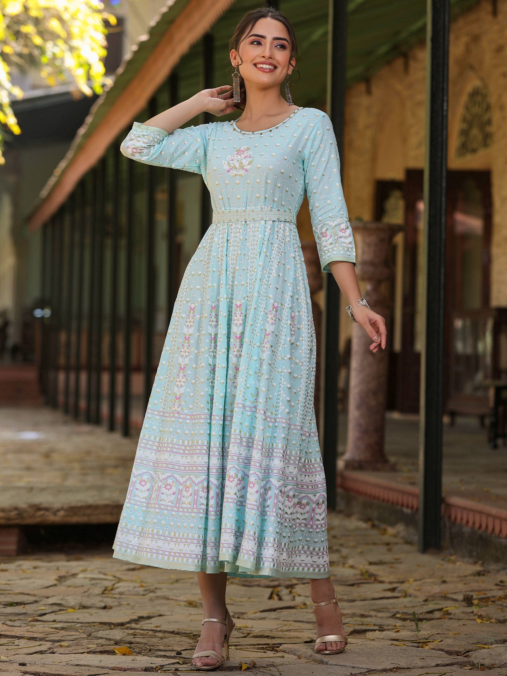 Juniper Women Sky Blue Rayon Staple Printed Maxi Dress