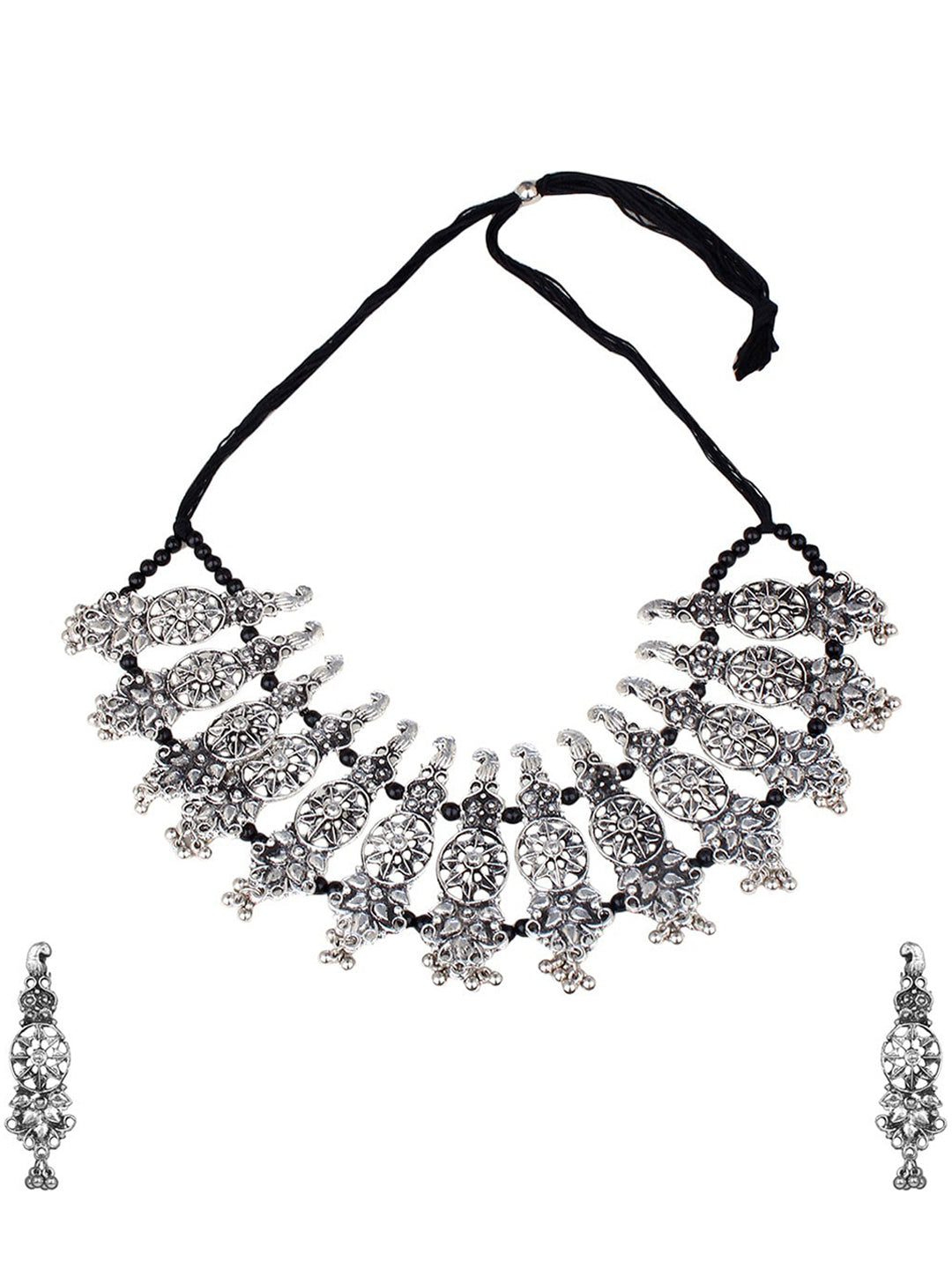 Cardinal Oxidised Silver-Plated Stone-Studded & Beaded Jewellery Set - Grab2buy