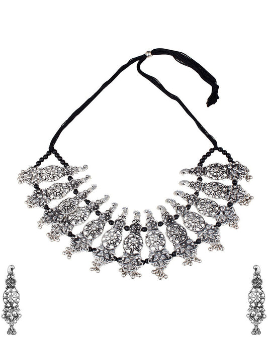 Cardinal Oxidised Silver-Plated Stone-Studded & Beaded Jewellery Set - Grab2buy