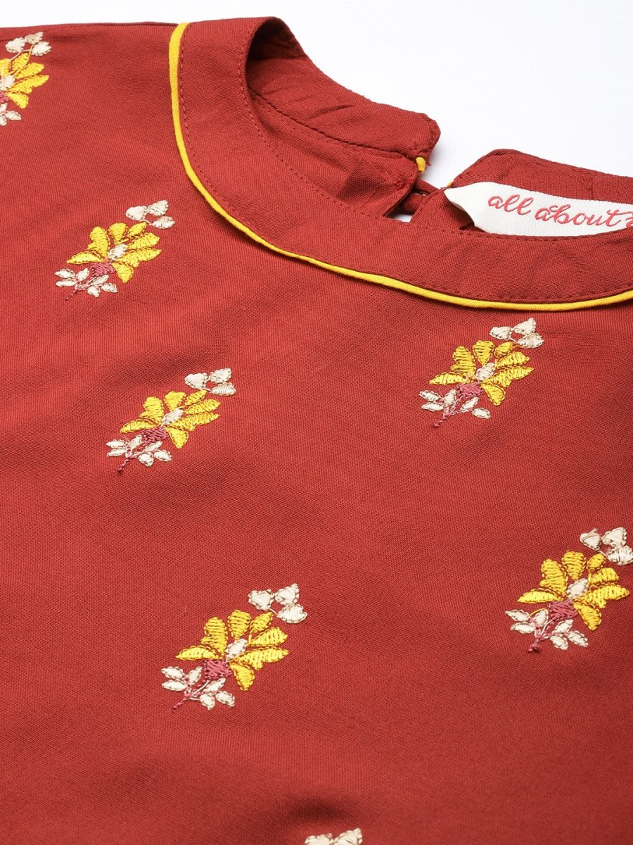 All About You Women Red Floral Embroidered Regular Thread Work Kurta with Trousers