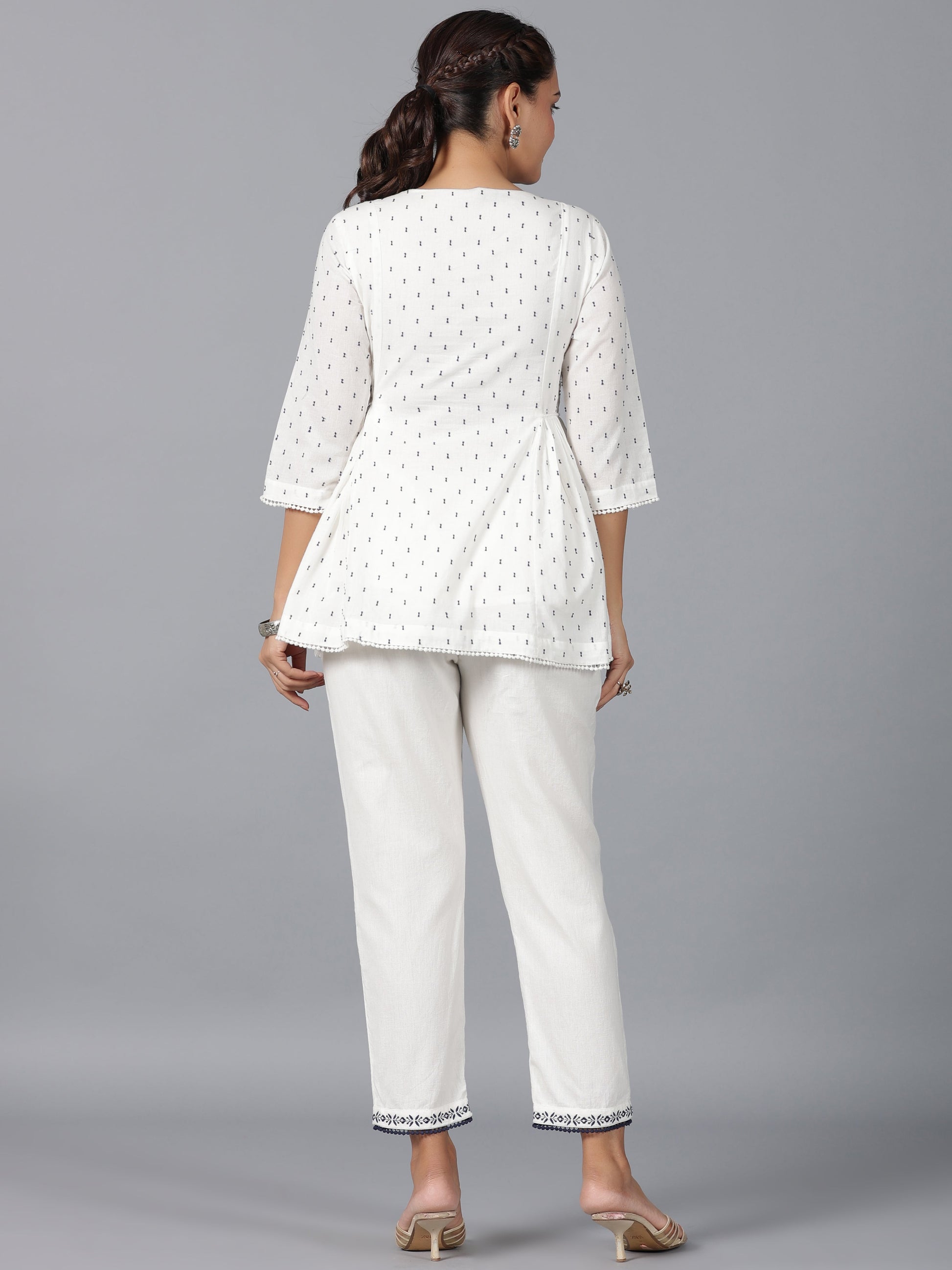 Juniper Women Off-White Cotton Dobby Embroidered Clothing Set