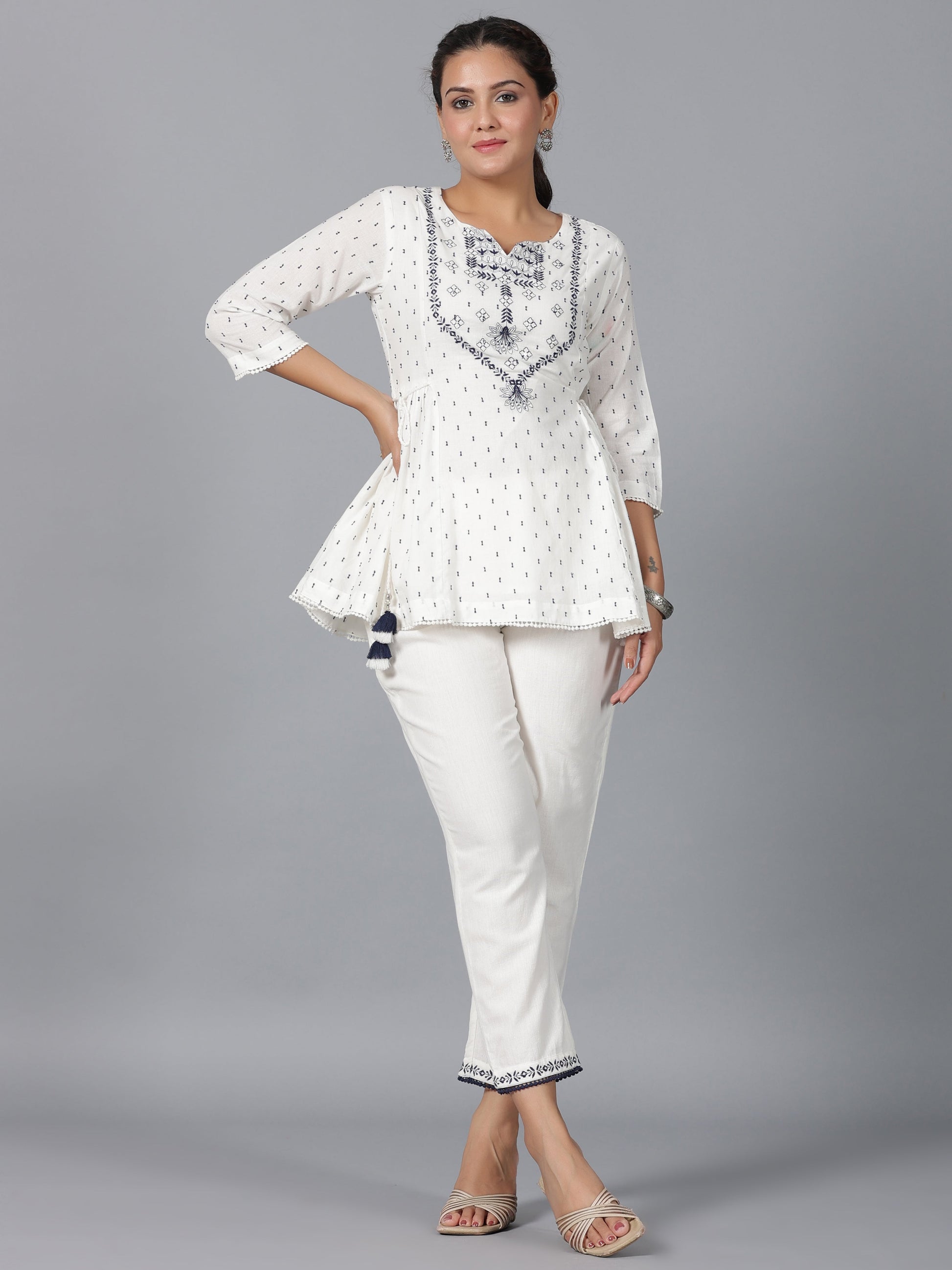 Juniper Women Off-White Cotton Dobby Embroidered Clothing Set