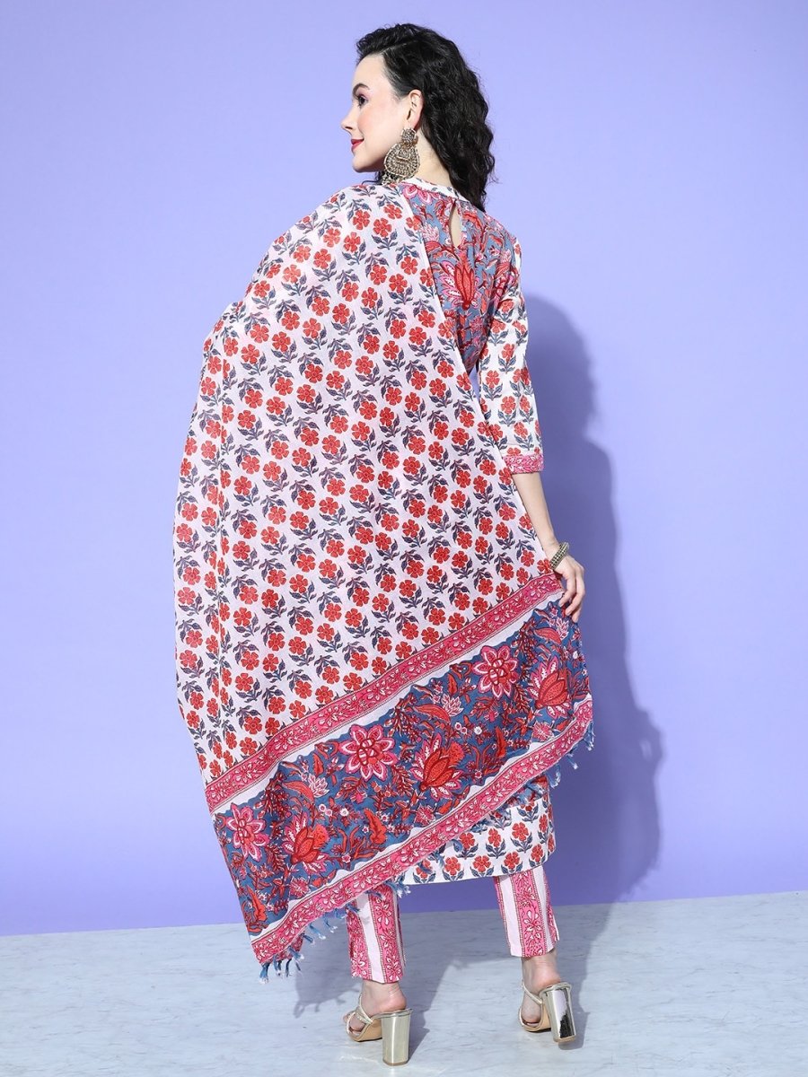 All About You Floral Printed Mirror Work Pure Cotton Kurta With Trousers & Dupatta