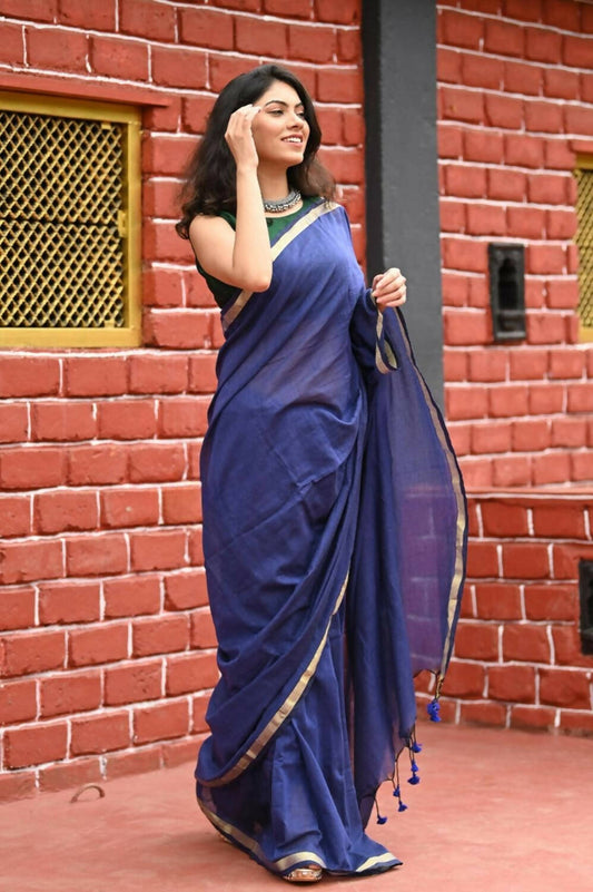 Very Much Indian Pure Cotton Handloom Saree With Intricate Borders - Violet - Grab2buy