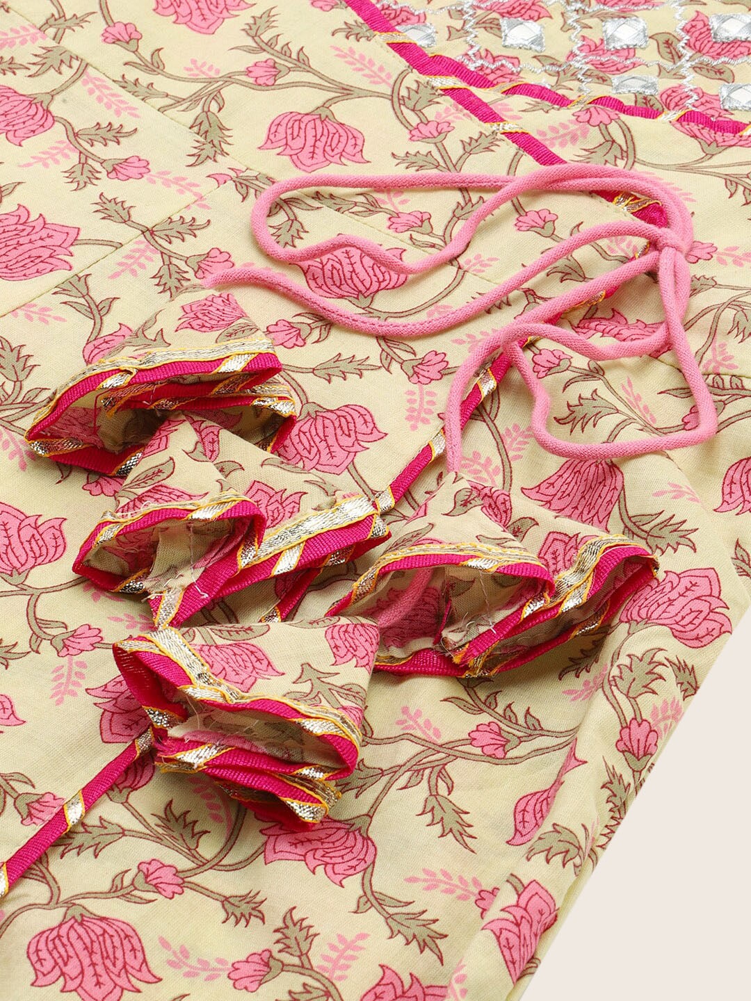 HERE&NOW Women Pink Floral Printed Angrakha Pure Cotton Kurta with Trousers & With Dupatta