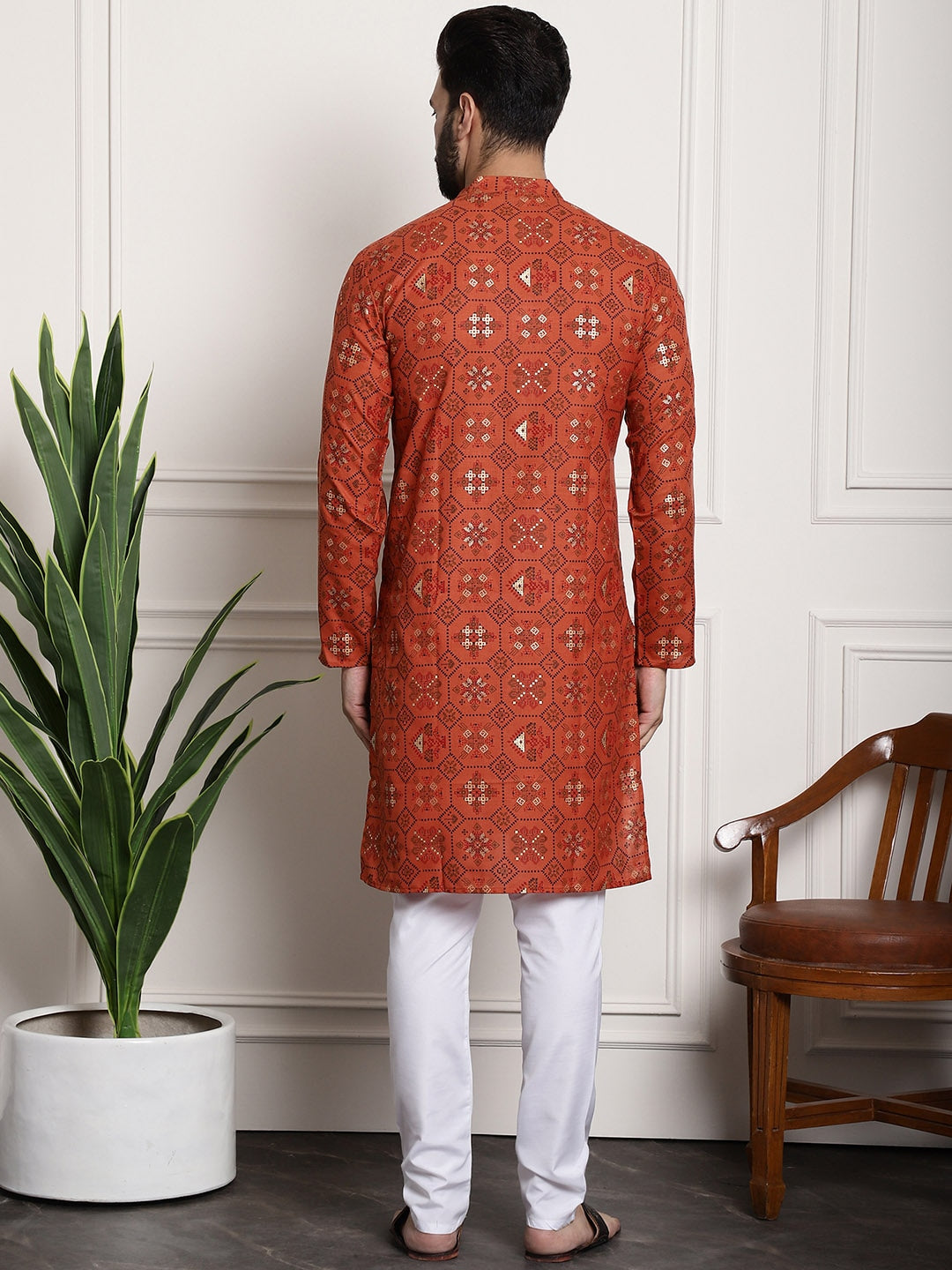 Sojanya Men Orange Printed Cotton Linen Kurta with Churidar 
