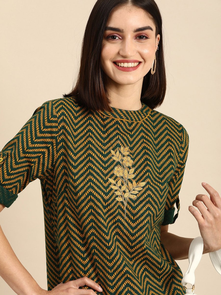 All About You Women Green & Yellow Floral Embroidered Thread Work Pure Cotton Kurta