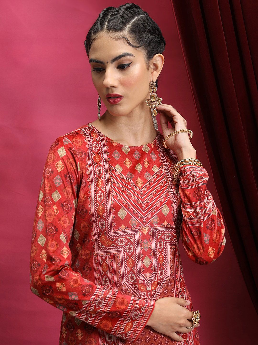 Vishudh Red Ethnic Motifs Printed Neck Straight Kurta | Grab2Buy