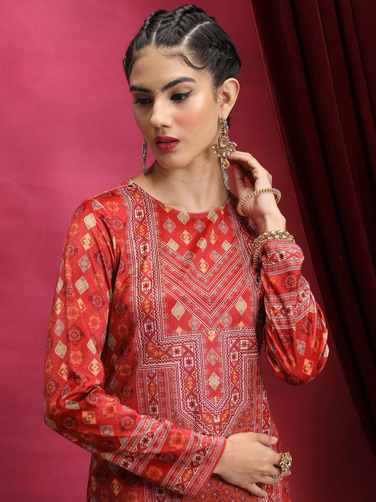 Vishudh Red Ethnic Motifs Printed Neck Straight Kurta | Grab2Buy